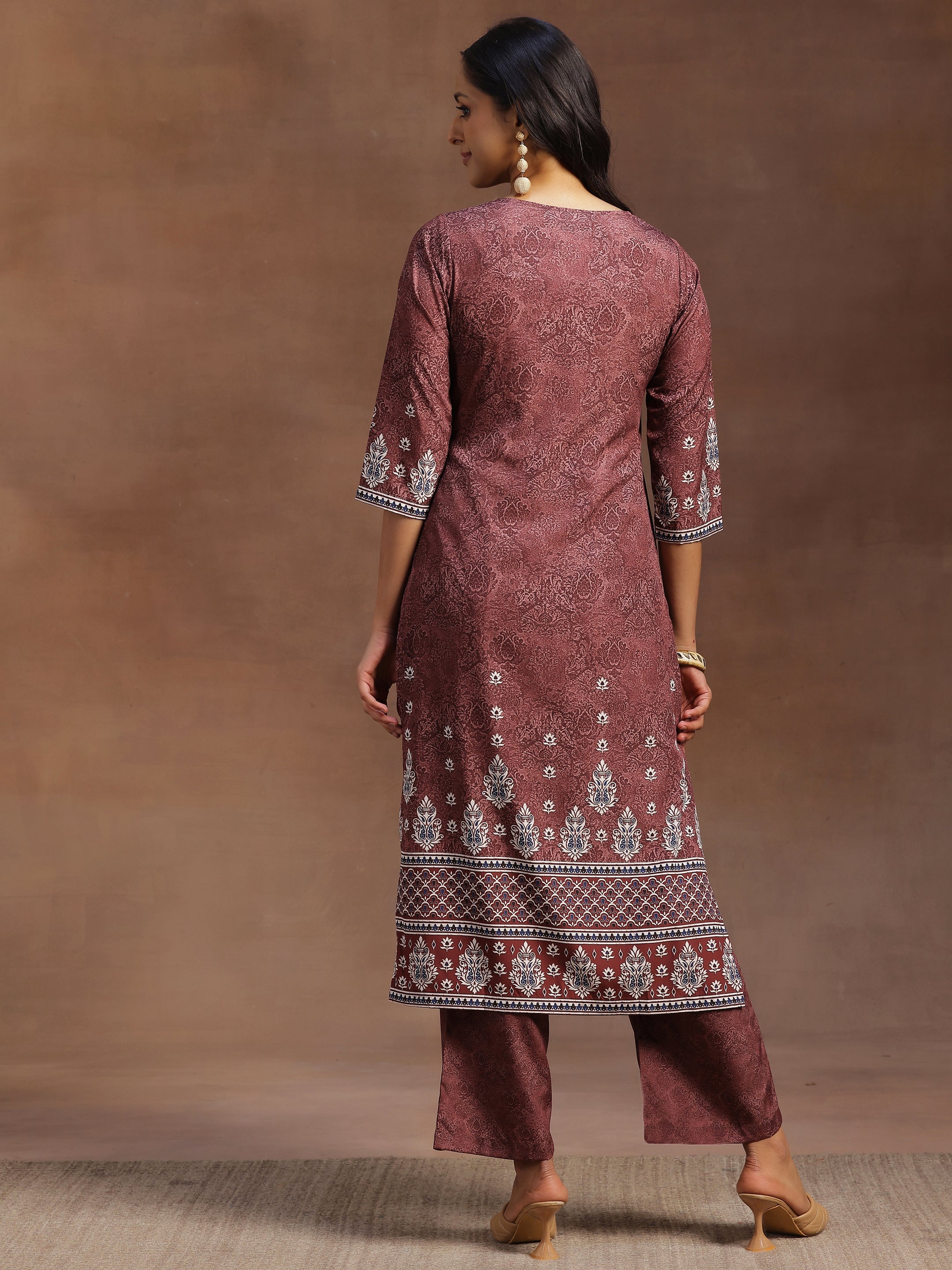 Brown Printed Poly Crepe Straight Kurta With Trousers