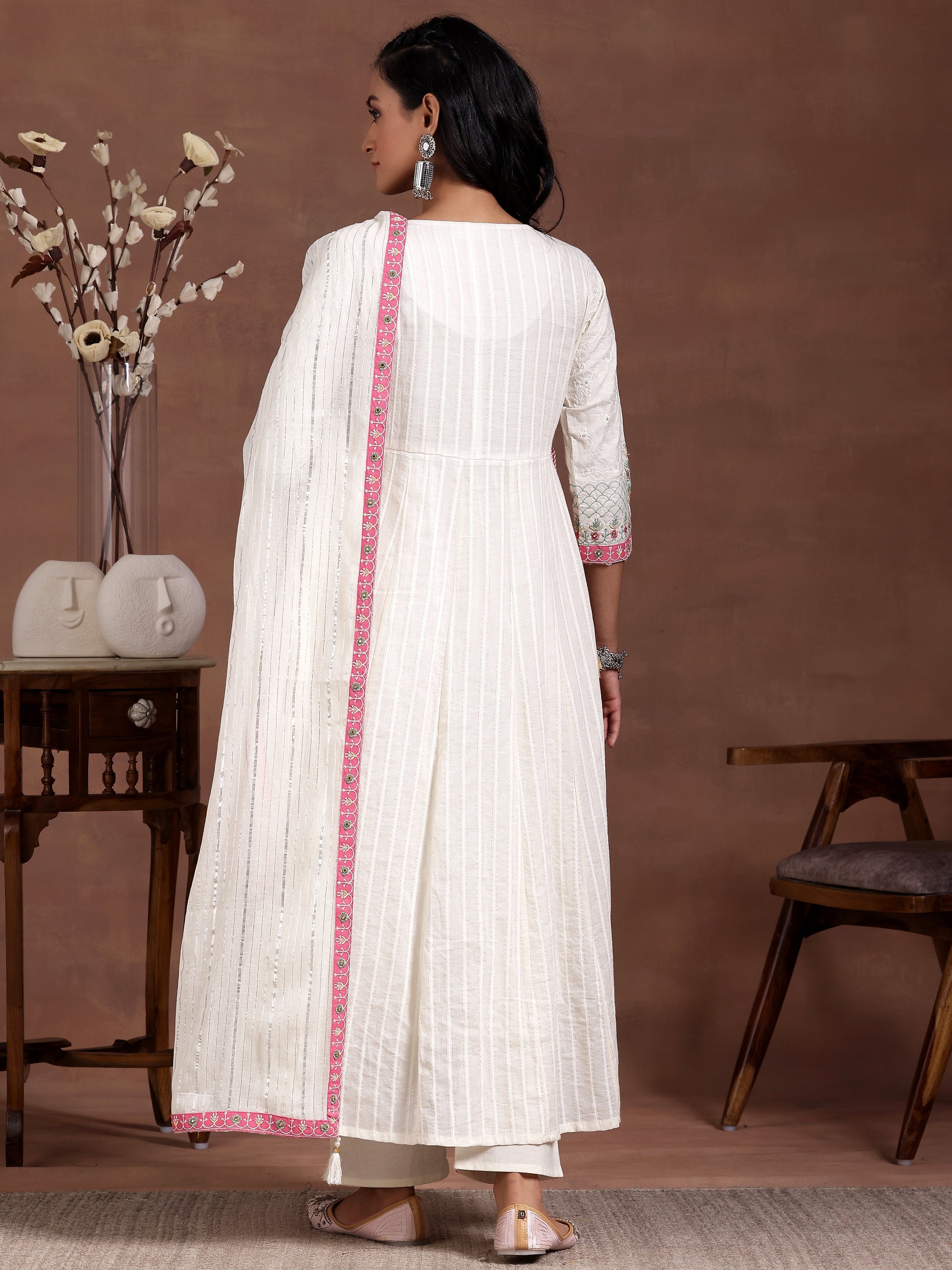 Off white Embroidered Cotton A-Line Kurta With Trousers & Dupatta