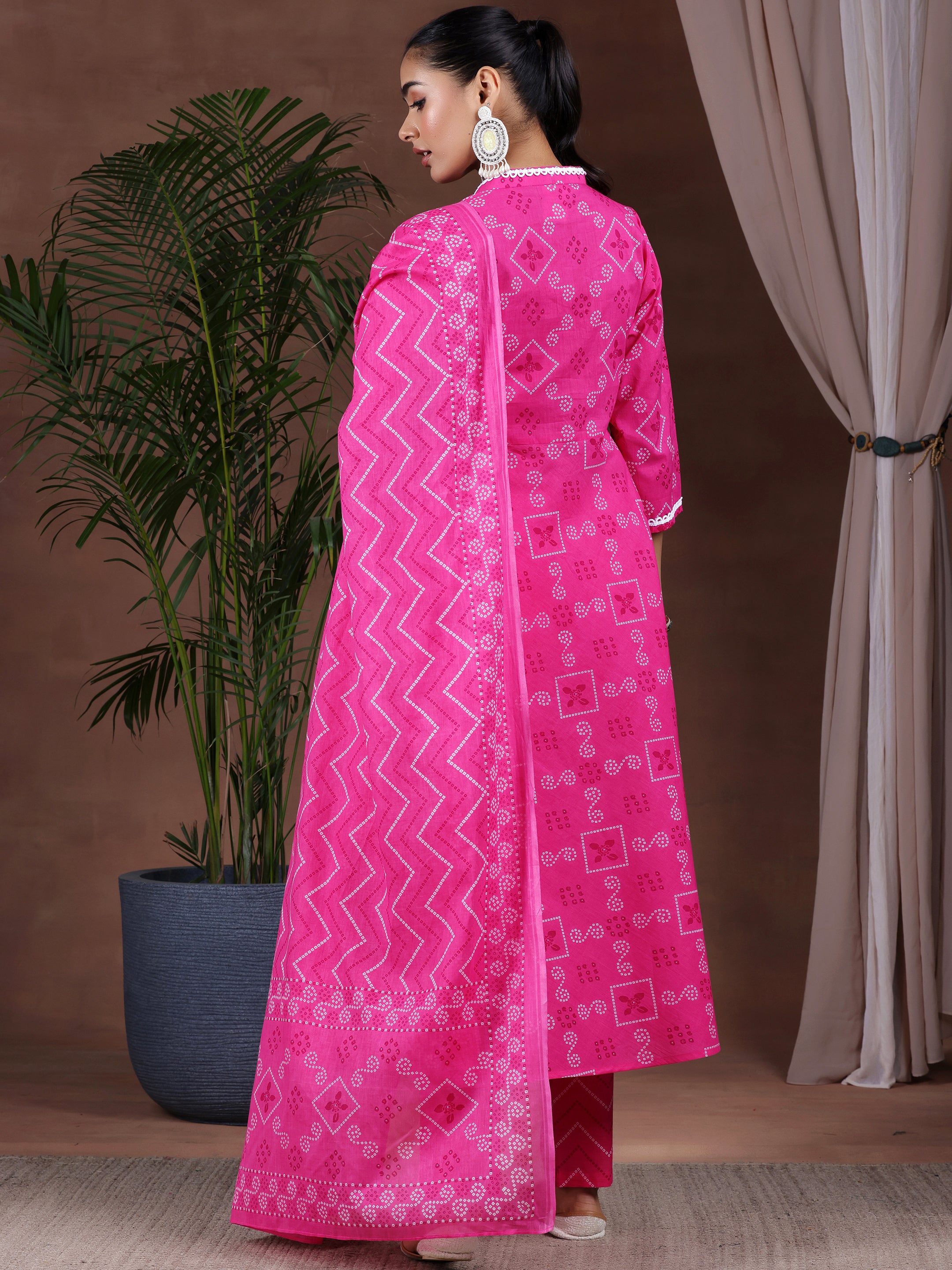 Pink Printed Cotton Anarkali Suit With Dupatta