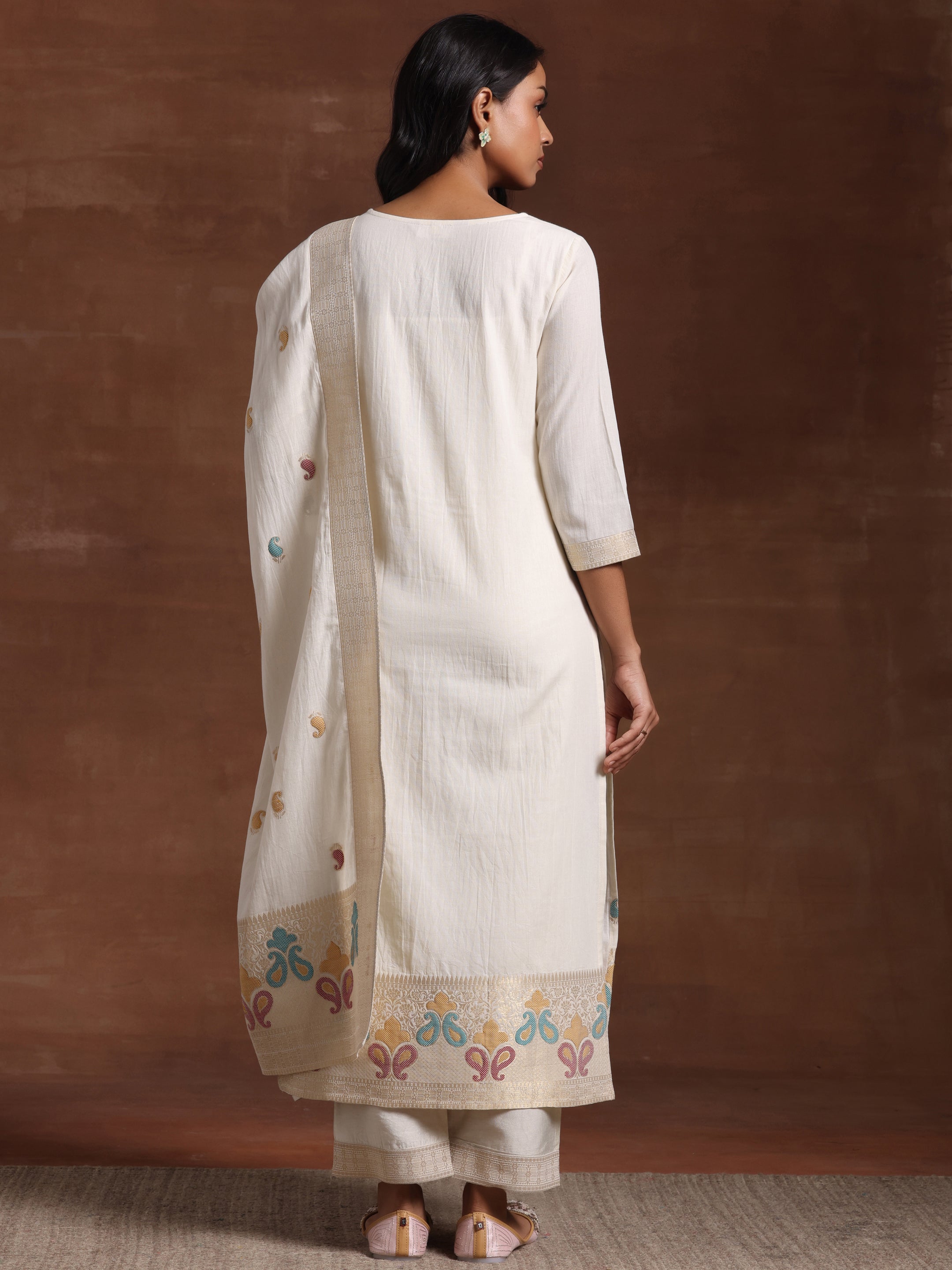 Off White Woven Design Cotton Straight Suit With Dupatta