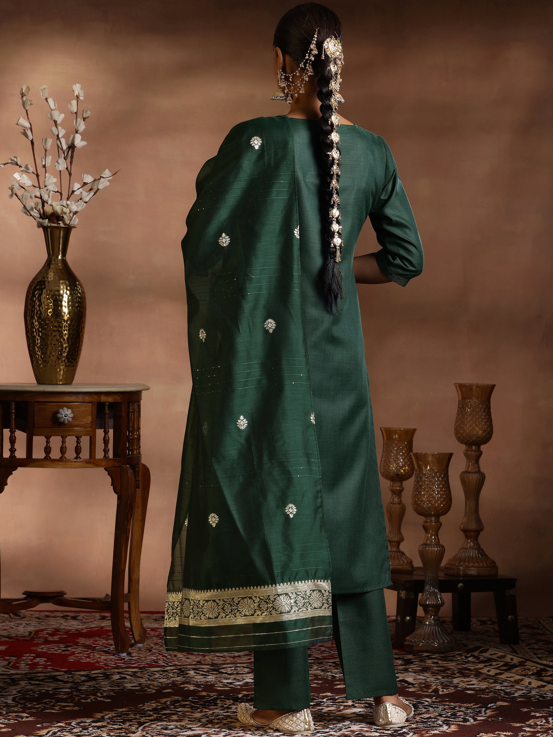 Green Solid Silk Blend Straight Suit With Dupatta