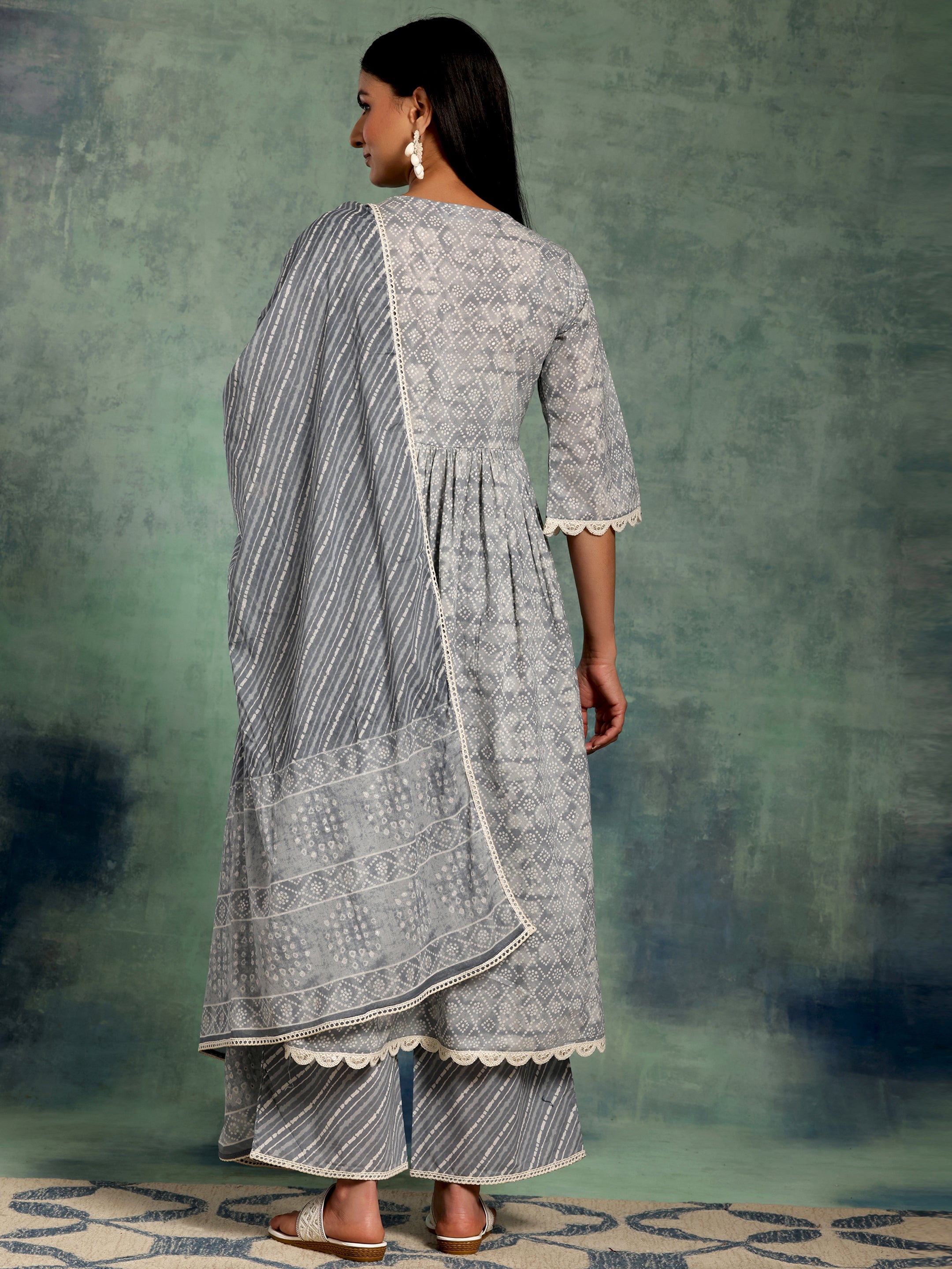 Grey Printed Cotton A-Line Kurta With Palazzos & Dupatta