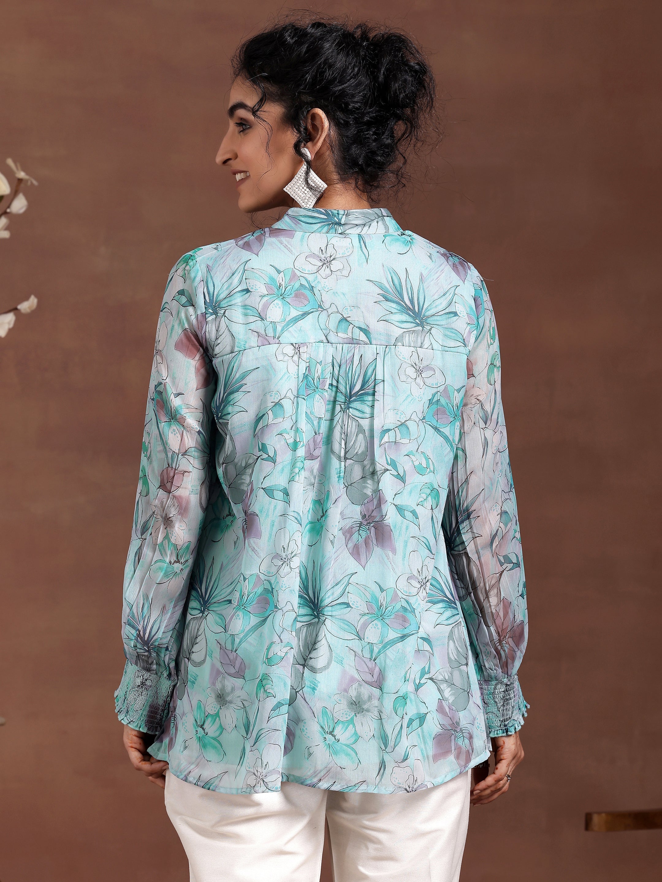 Blue Printed Chiffon A-Line Kurti