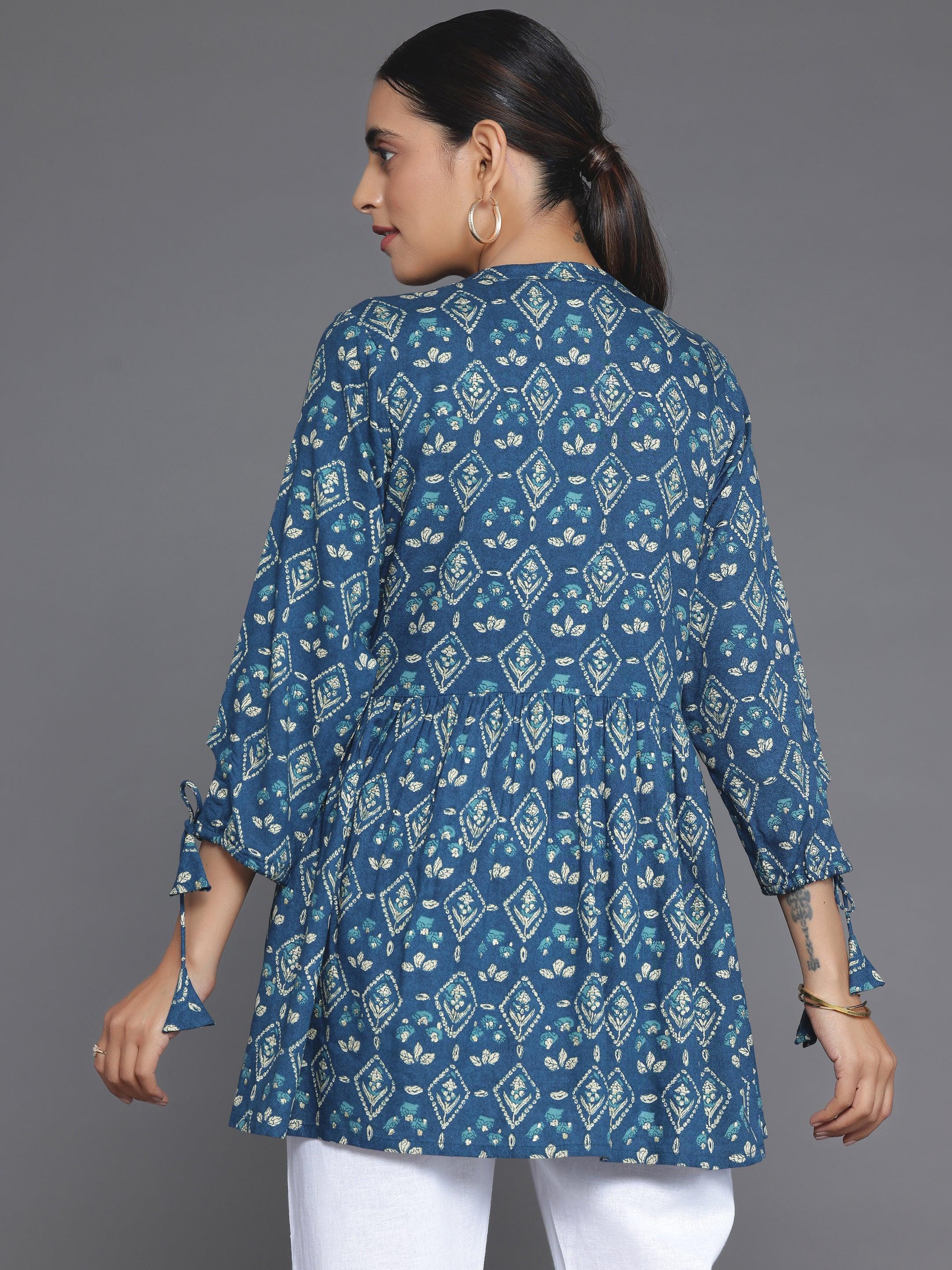 Blue Printed Rayon A-Line Kurti