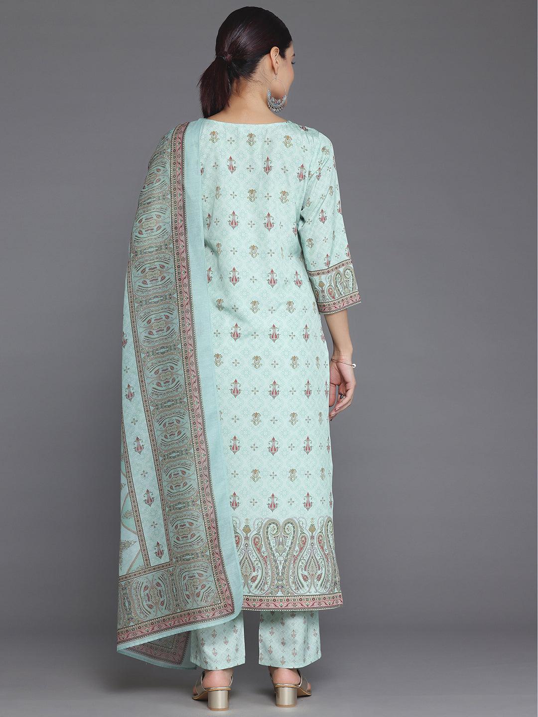 Green Printed Poly Crepe Straight Suit With Dupatta