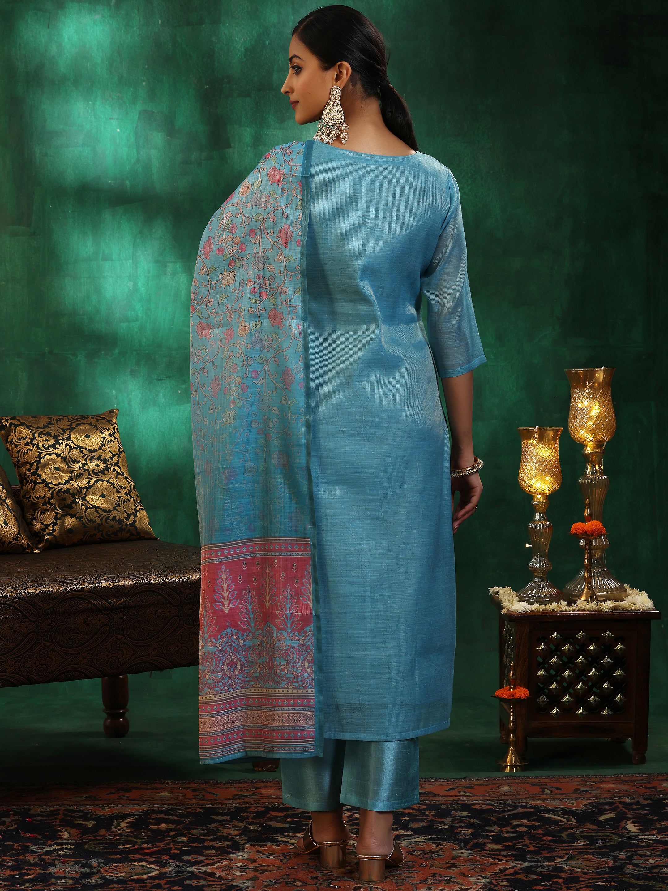 Turquoise Blue Yoke Design Silk Blend Straight Suit With Dupatta