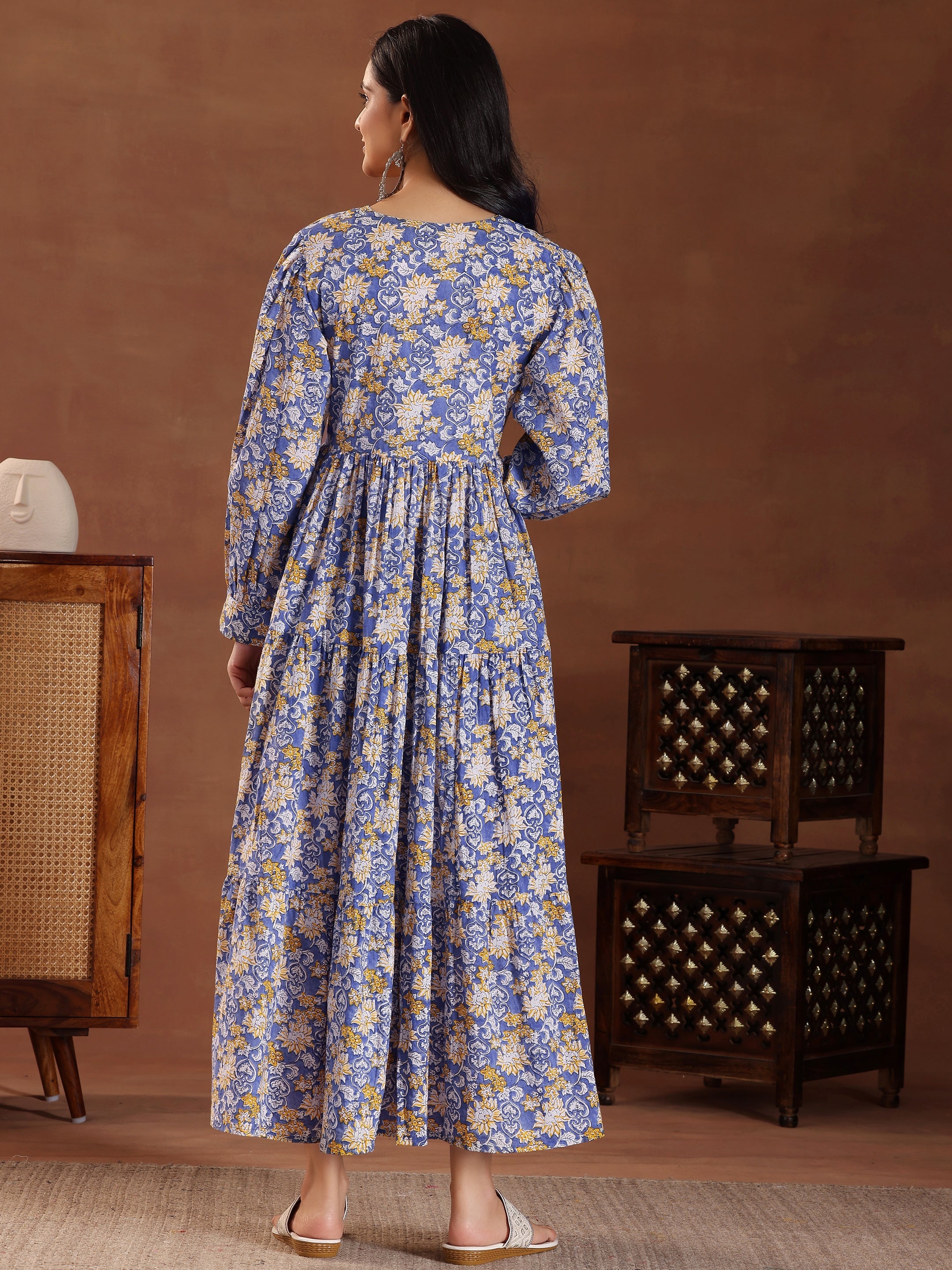 Blue Printed Cotton Fit and Flare Dress