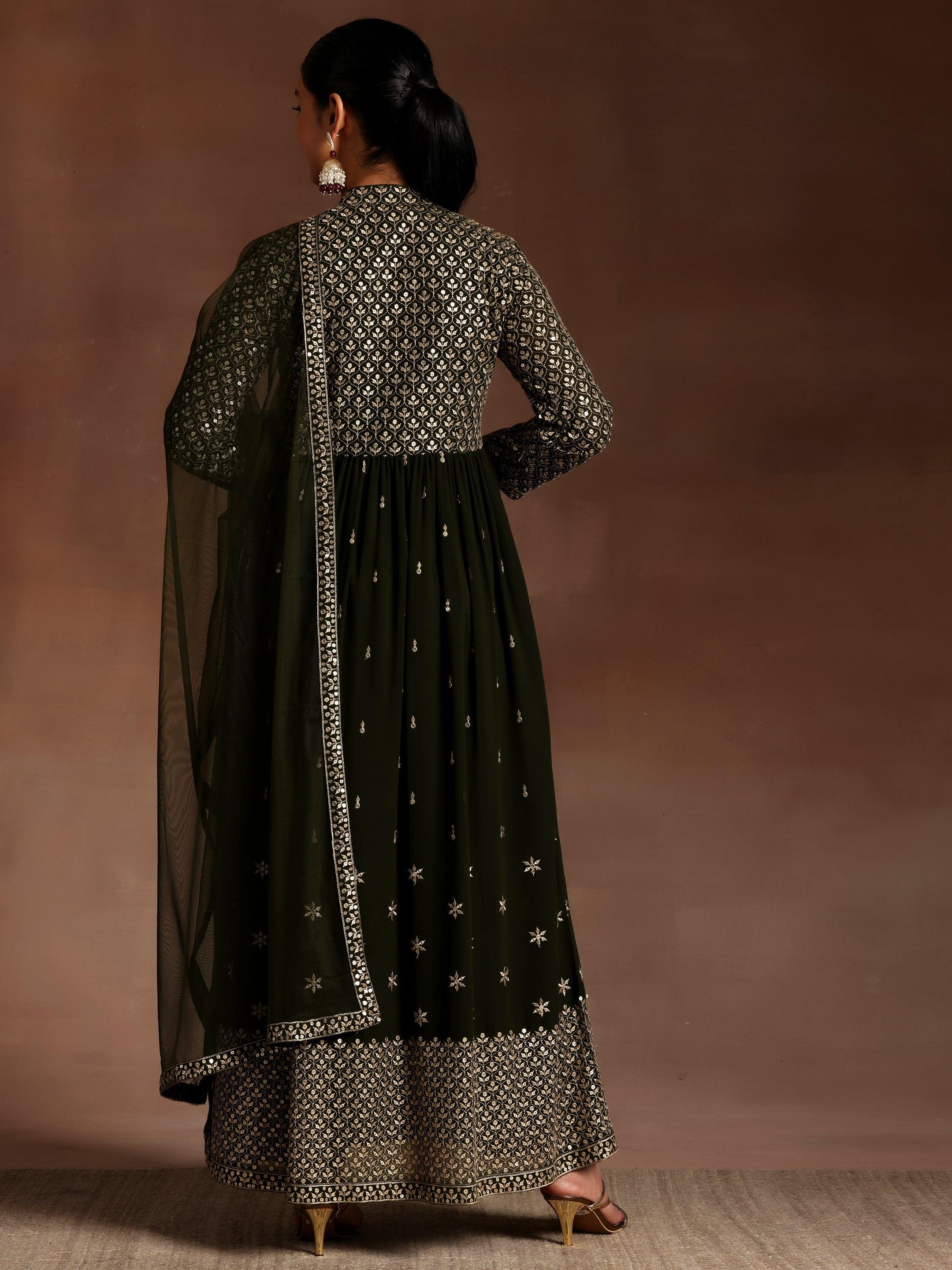 Chandni Olive Embroidered Georgette A-Line Kurta With Trousers & Dupatta