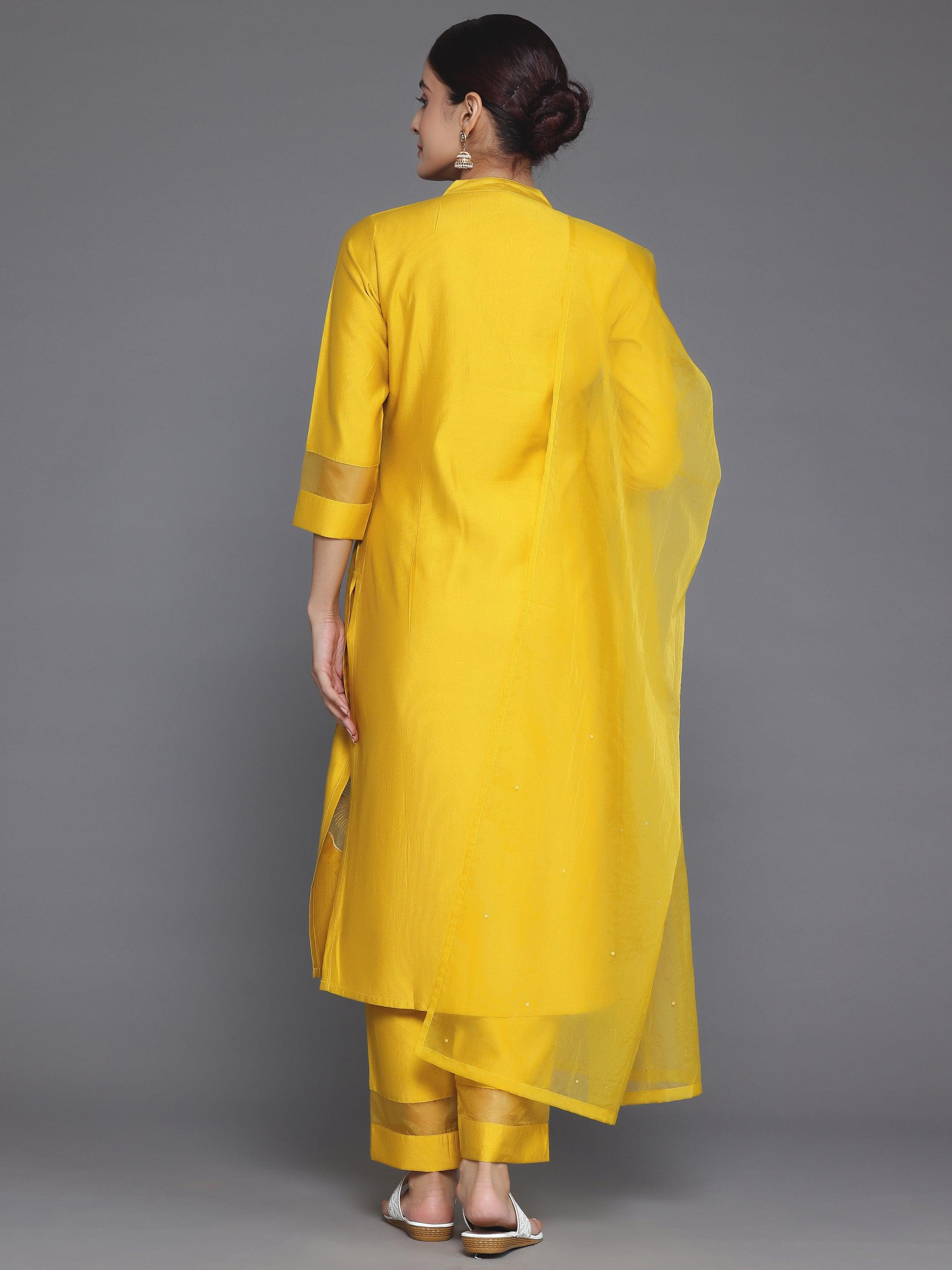 Yellow Solid Silk Blend Straight Suit With Dupatta