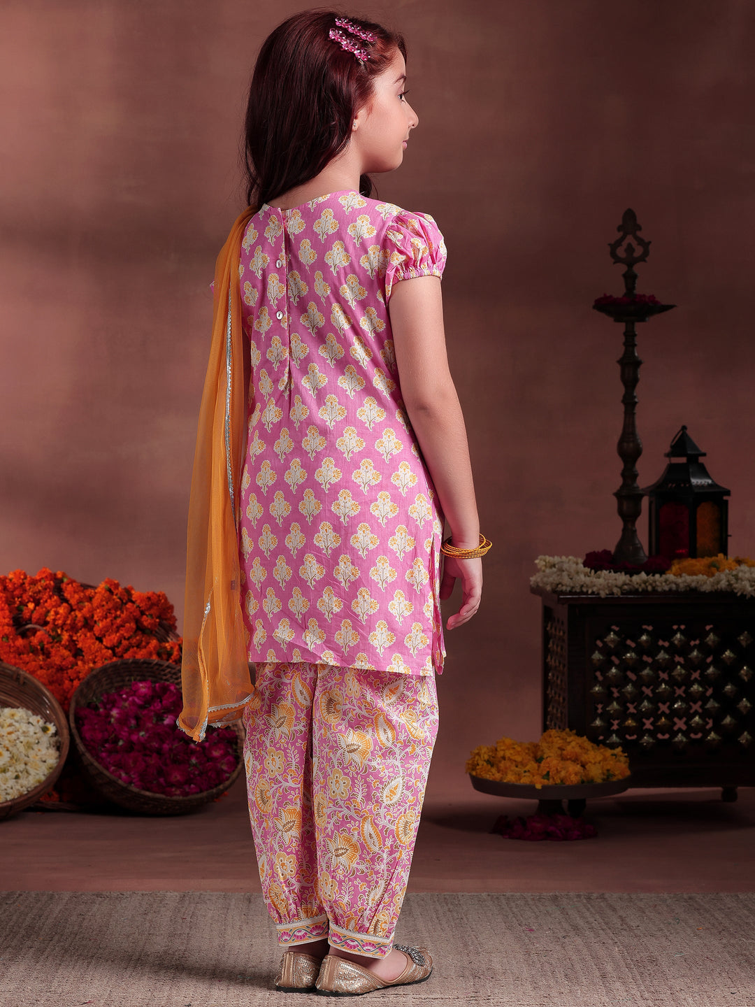 Kids Pink Printed Cotton Straight Suit With Dupatta