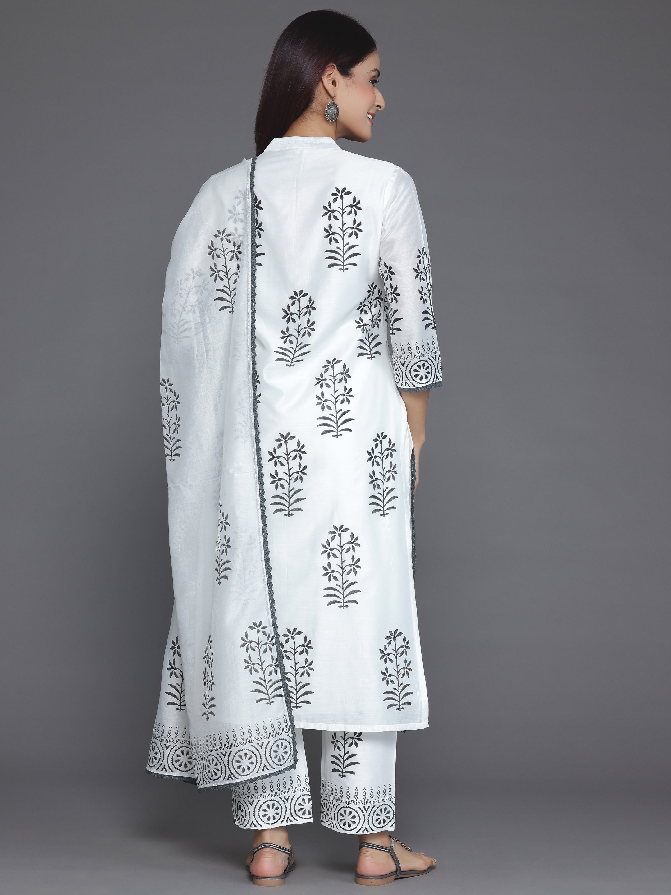 White Printed Chanderi Silk Straight Suit With Dupatta