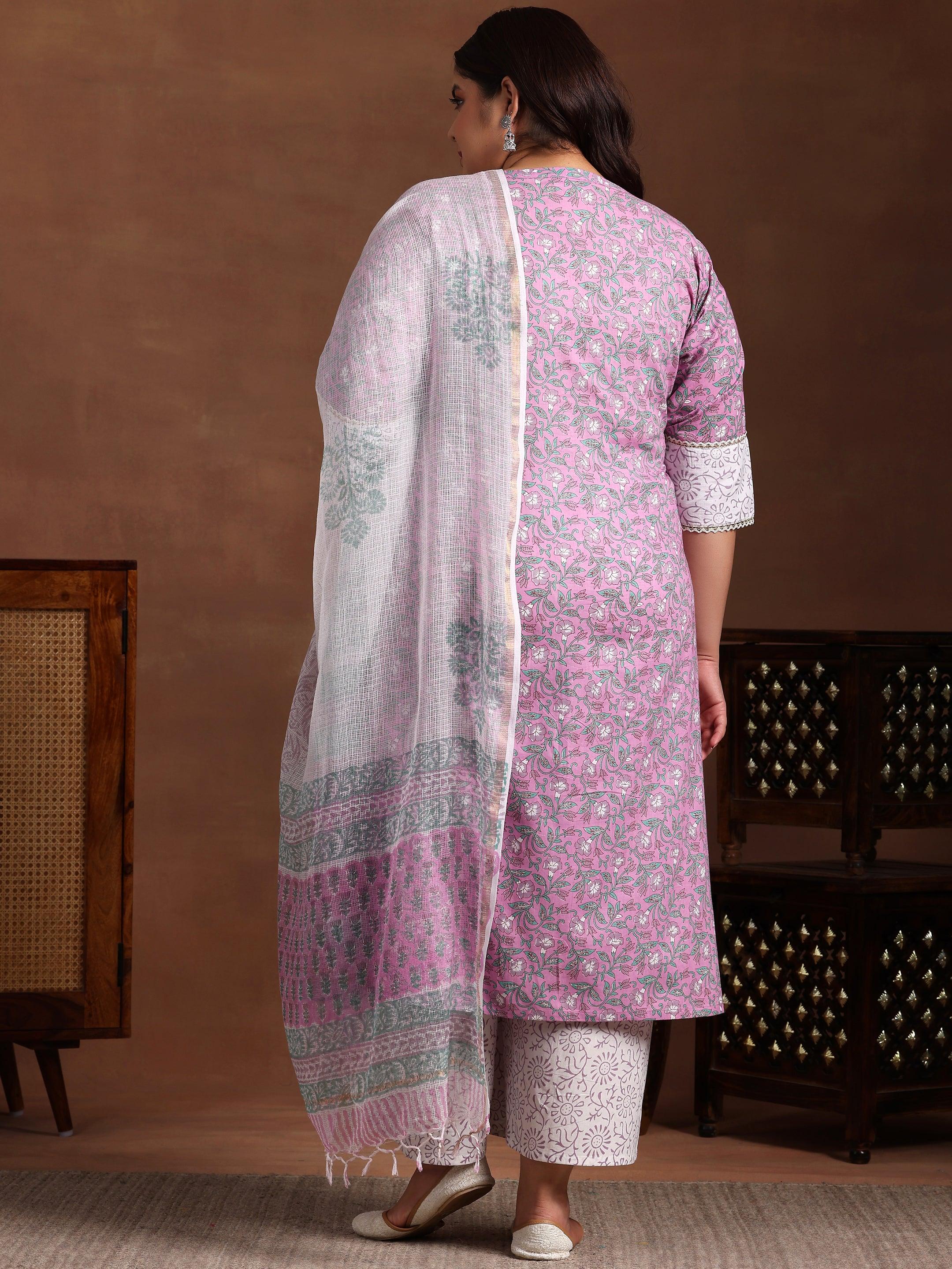 Plus Size Pink Printed Cotton Straight Suit With Dupatta