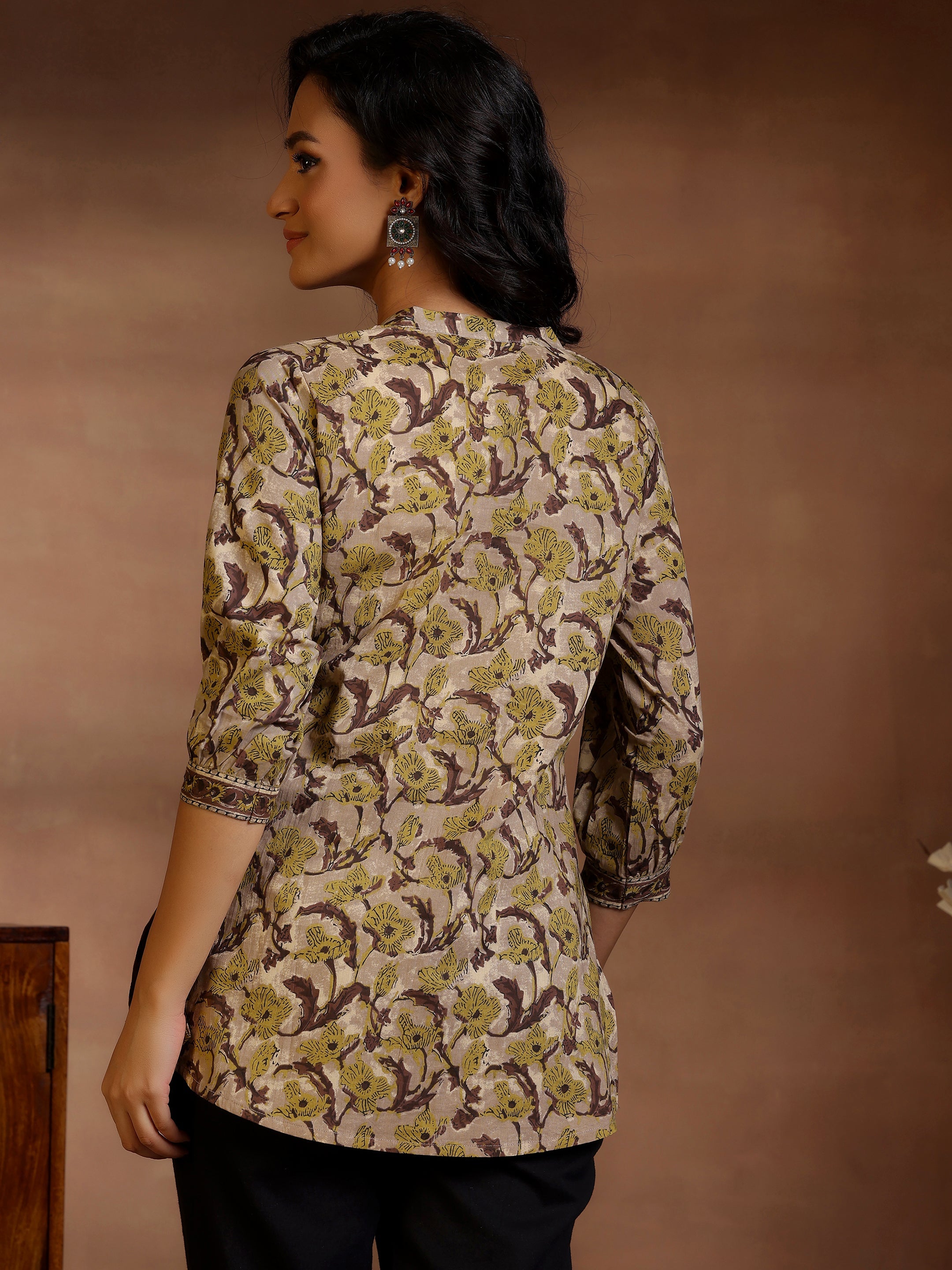 Brown Printed Cotton Straight Kurti