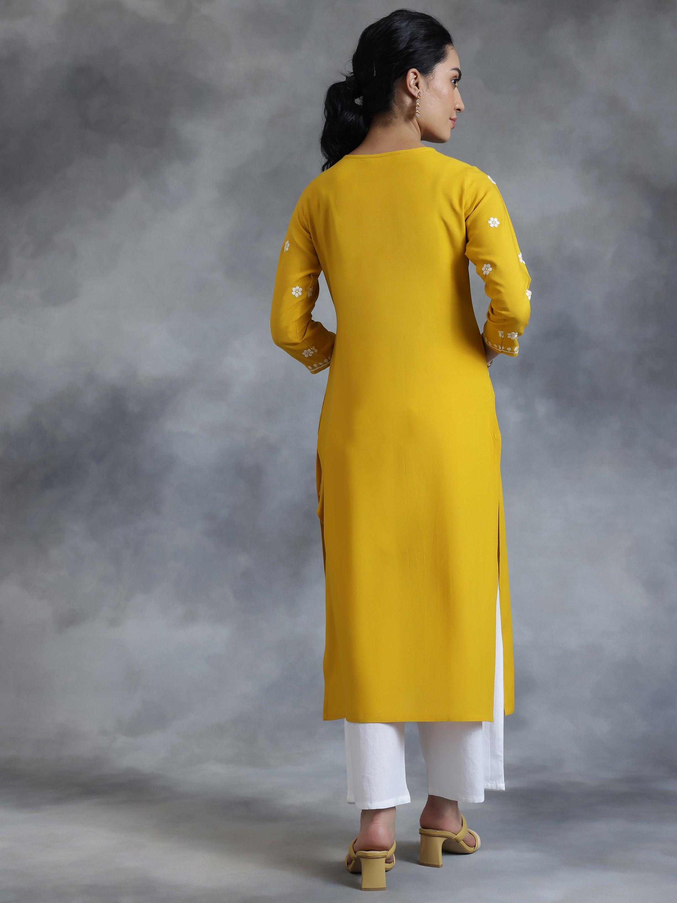 Mustard Embroidered Rayon Straight Kurta