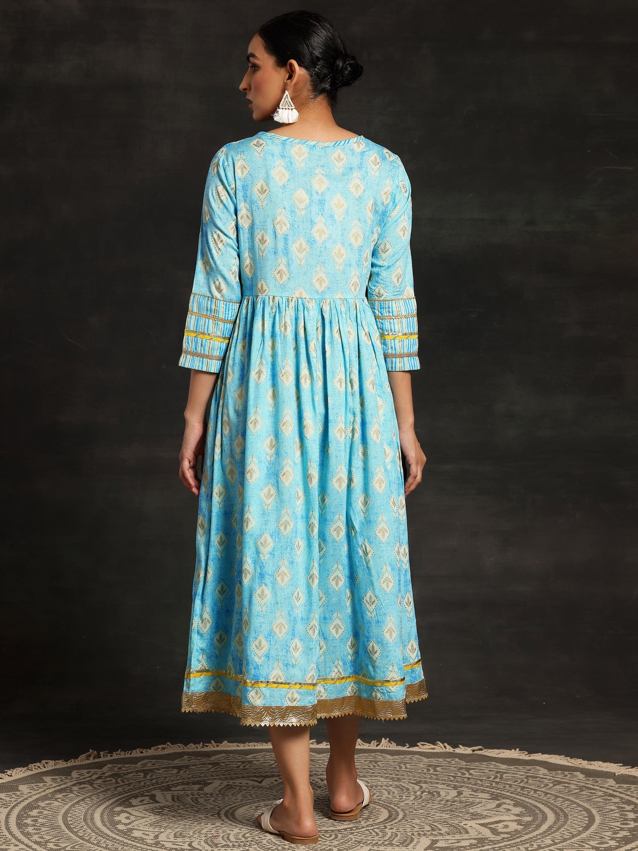 Turquoise Printed Cotton Fit and Flare Dress