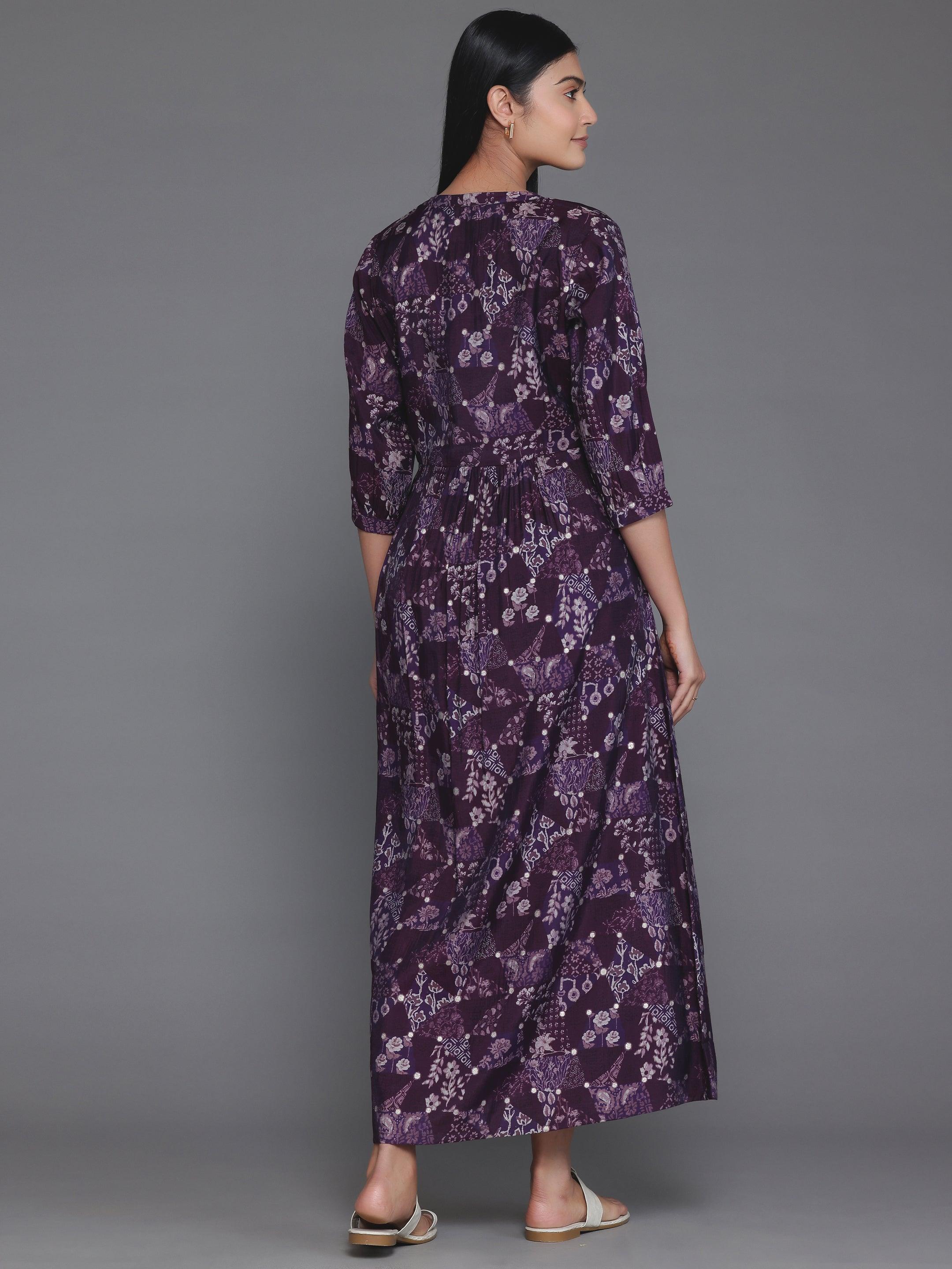 Purple Printed Silk Fit and Flare Dress