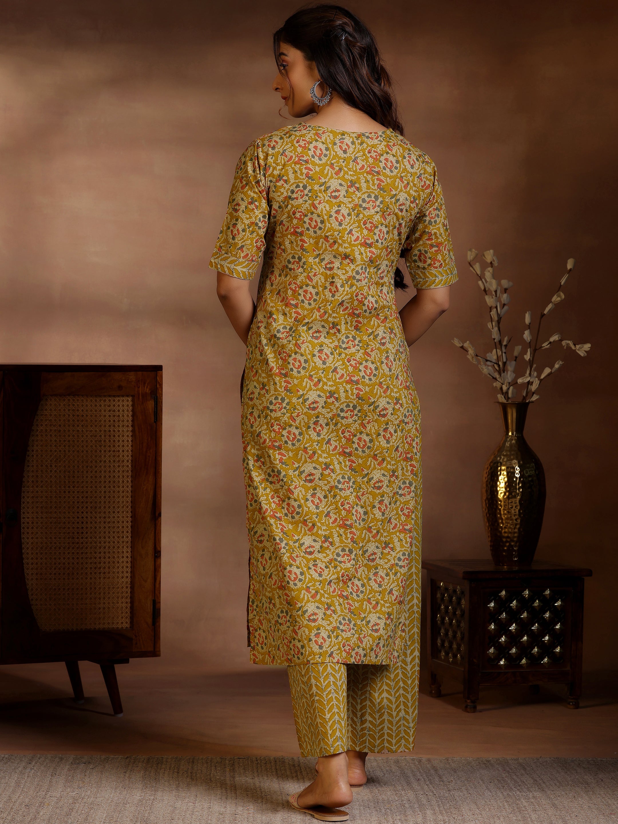 Mustard Printed Cotton Straight Kurta Set