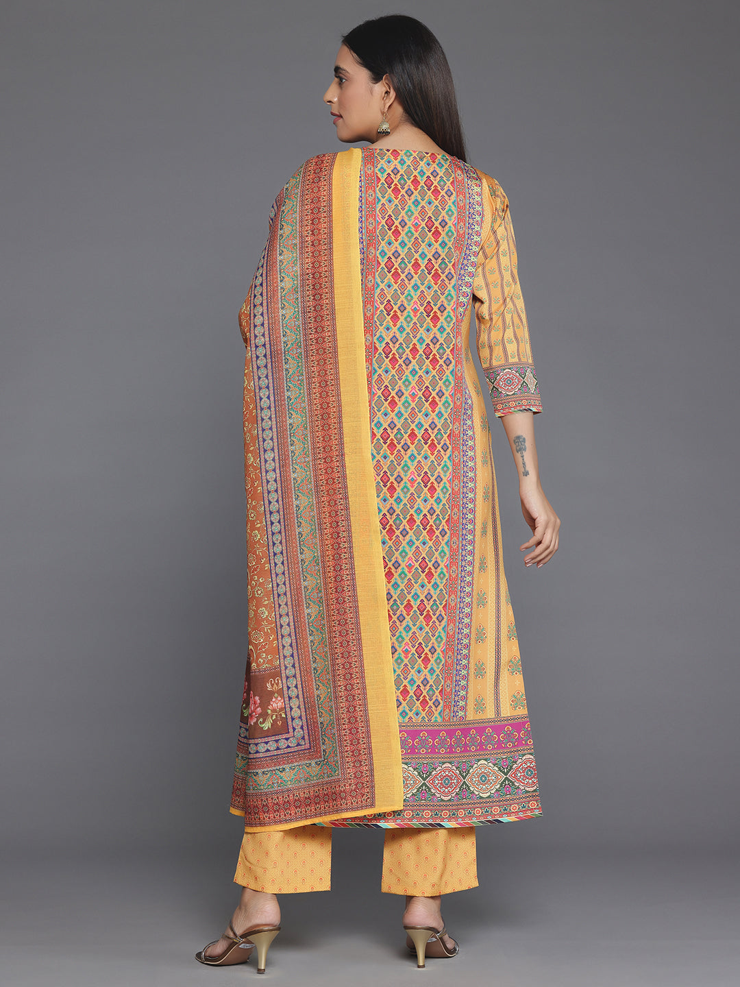 Mustard Printed Poly Crepe Straight Suit With Dupatta