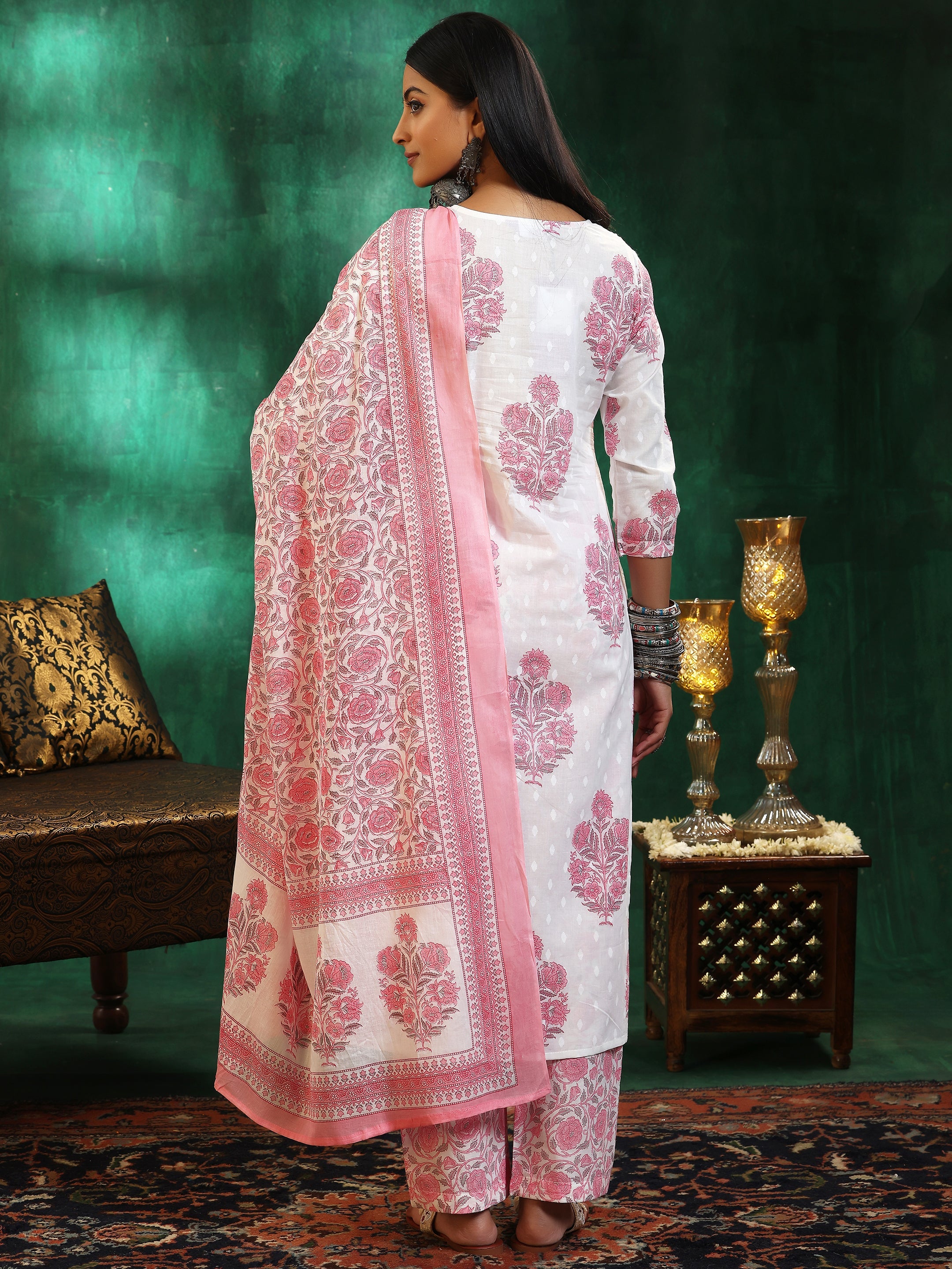 Off White Printed Cotton Straight Suit With Dupatta