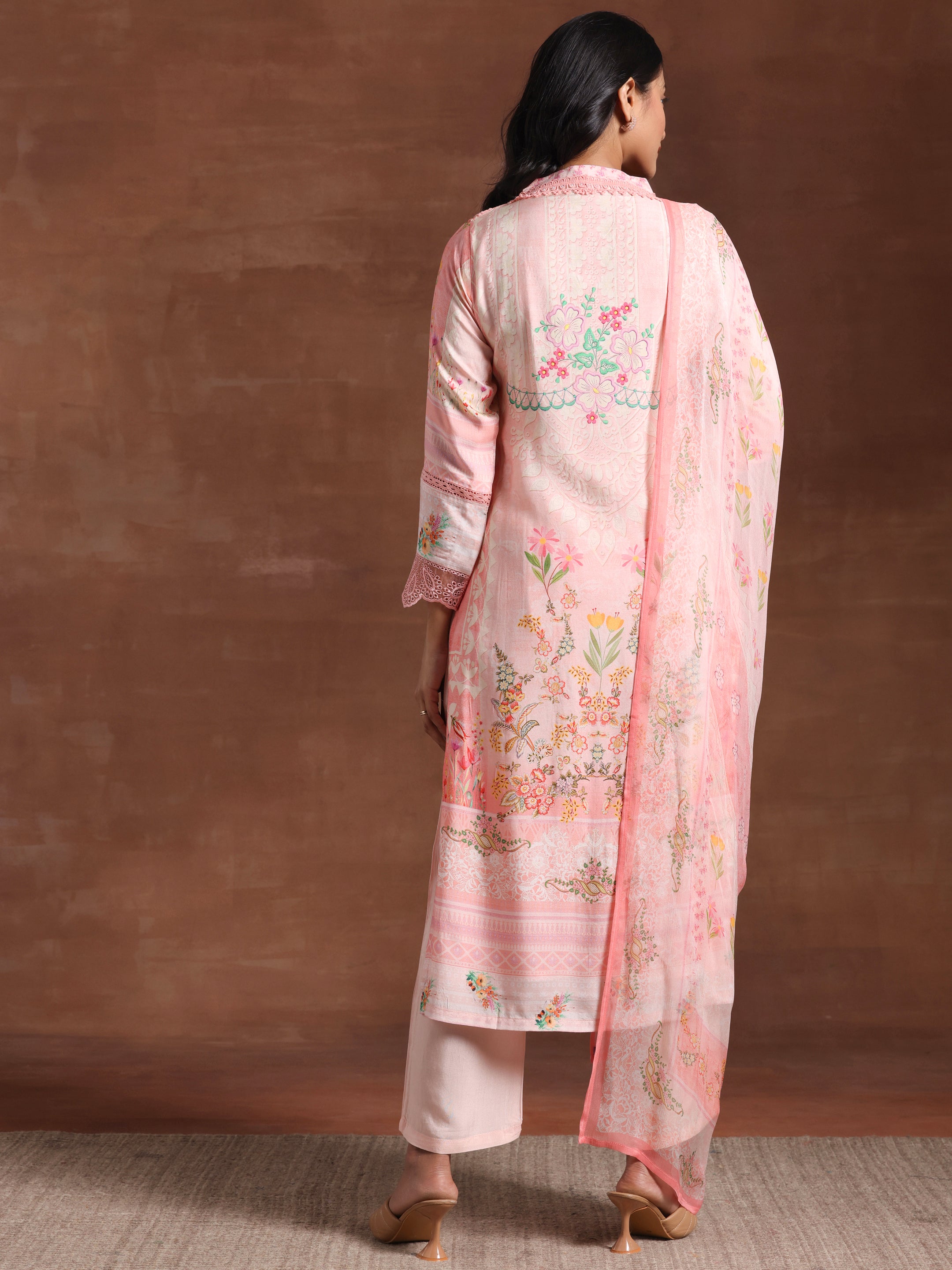 Pink Printed Silk Blend Straight Suit With Dupatta