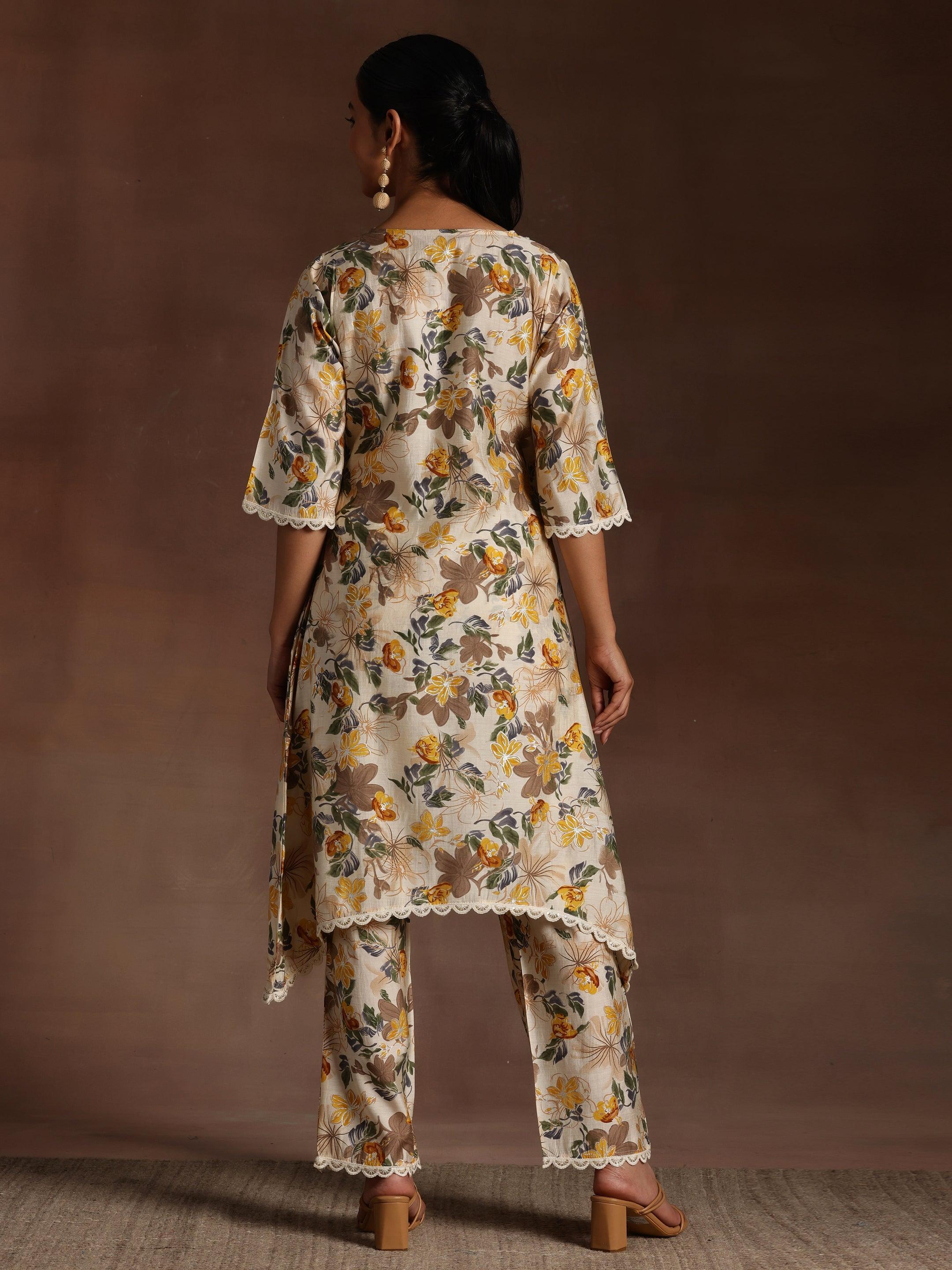 Beige Printed Chanderi Silk A-Line Kurta With Trousers