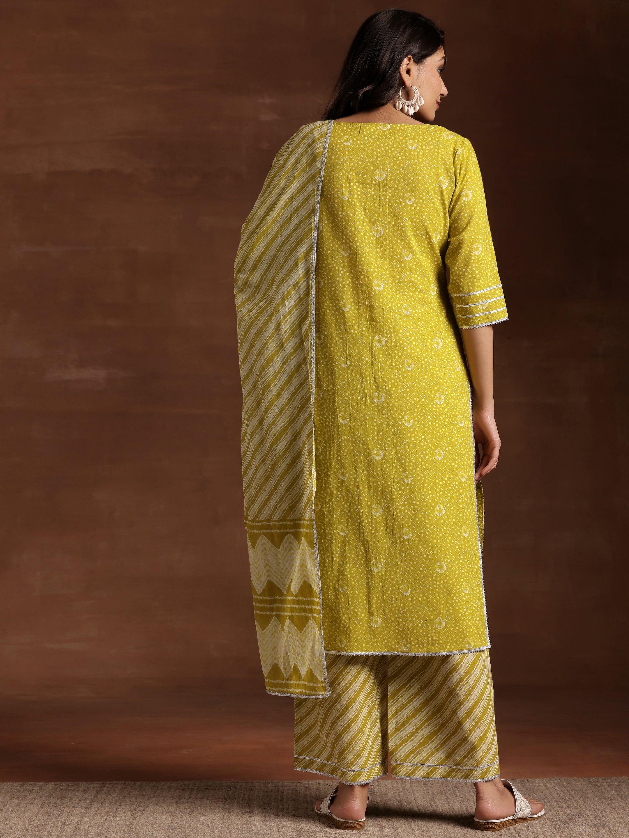 Lime Green Printed Cotton Straight Suit With Dupatta