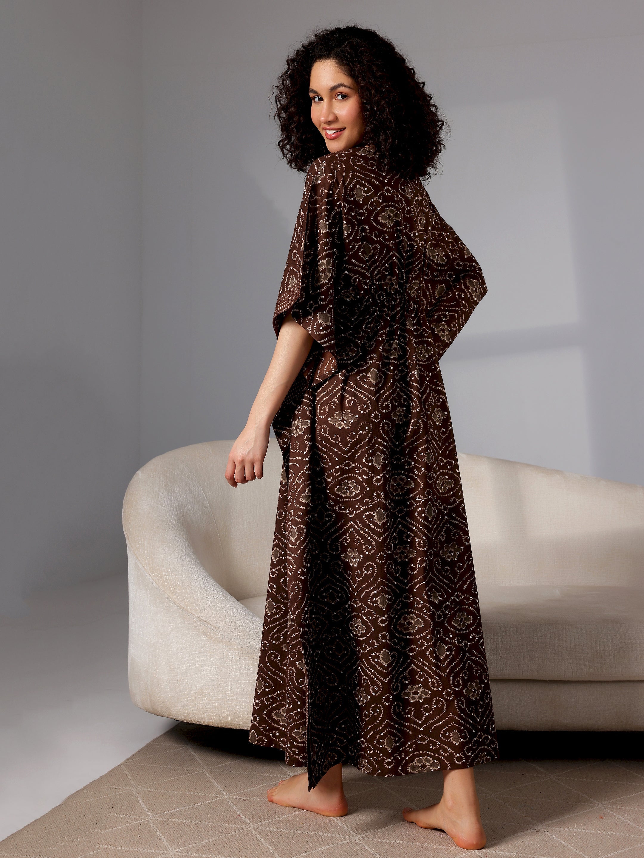 Brown Printed Cotton Kaftan Night Dress