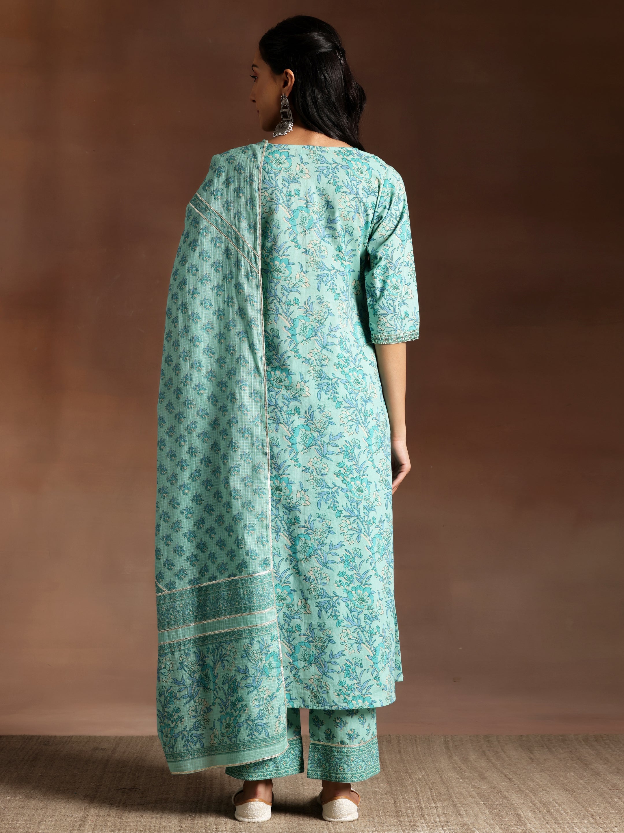 Turquoise Printed Cotton A-Line Kurta With Palazzos & Dupatta