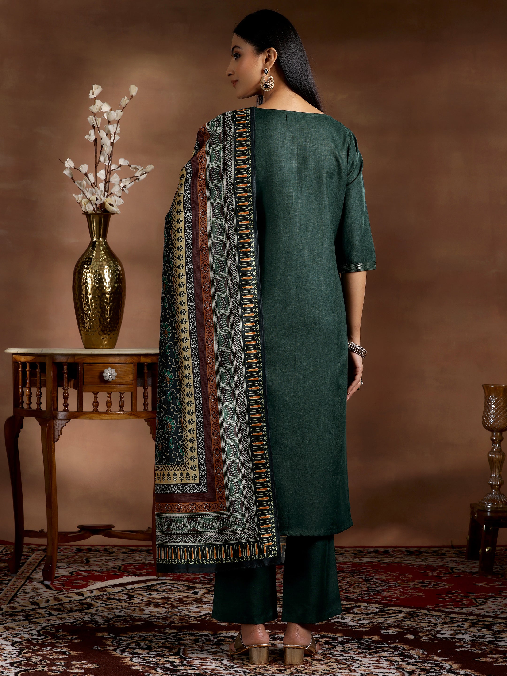 Green Solid Silk Blend Straight Suit With Dupatta