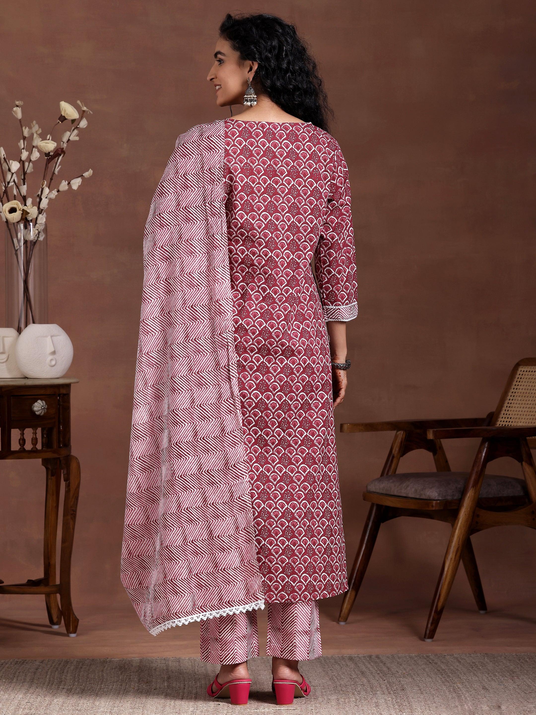 Maroon Printed Cotton Straight Suit With Dupatta