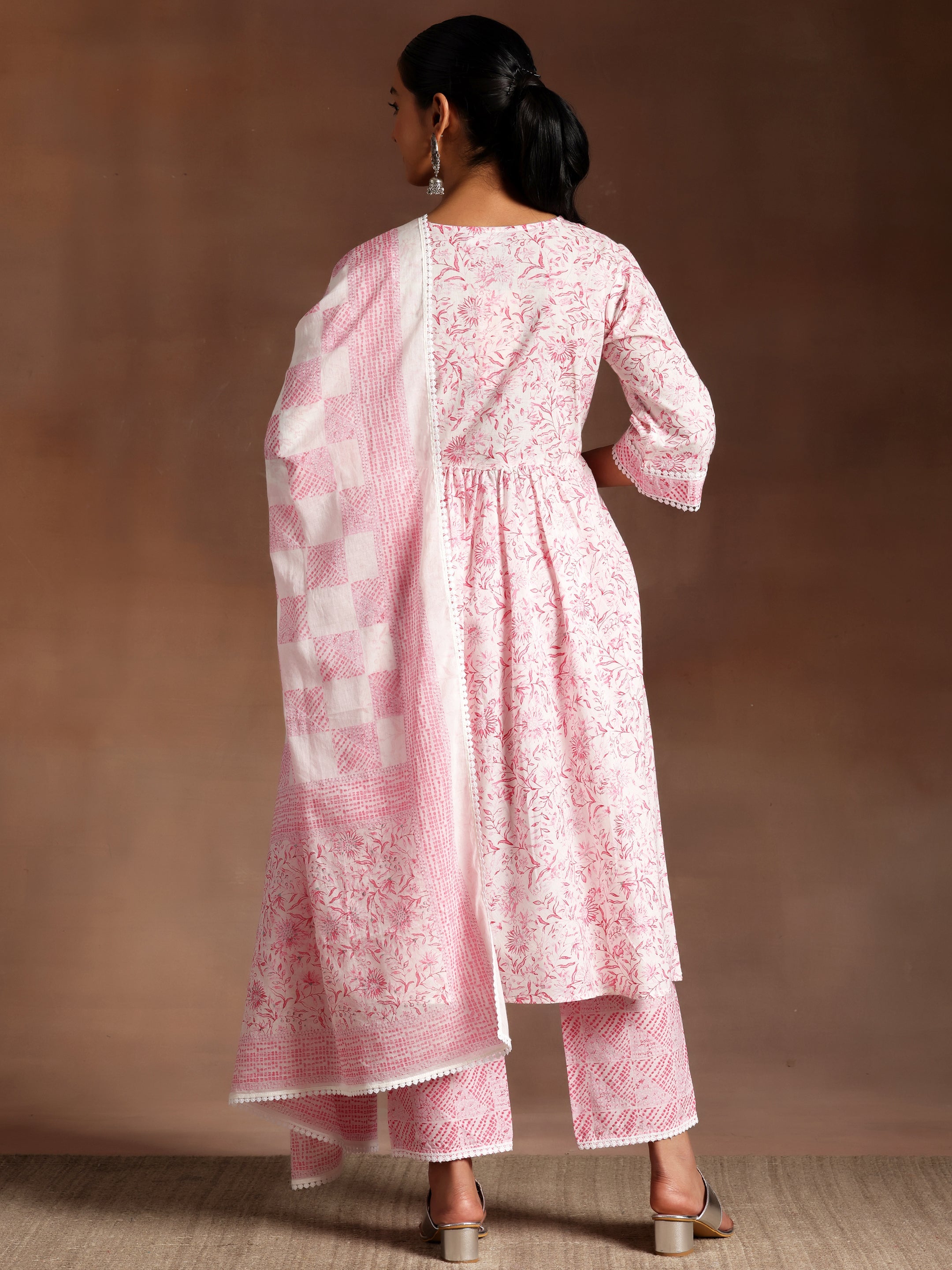 Tabassum  Pink Printed Cotton A-Line Kurta With Palazzos & Dupatta