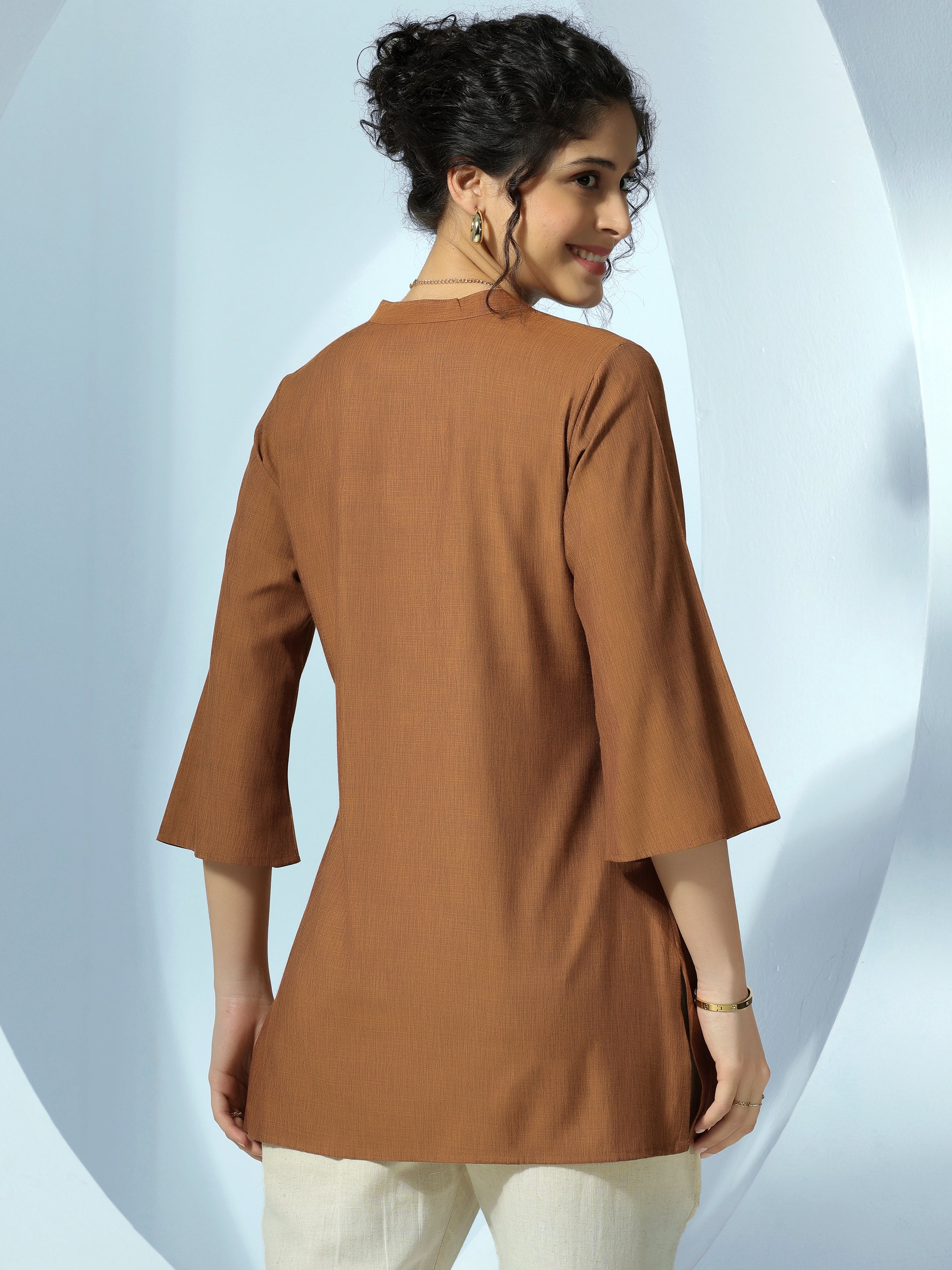 Brown Solid Cotton Blend Straight Kurti