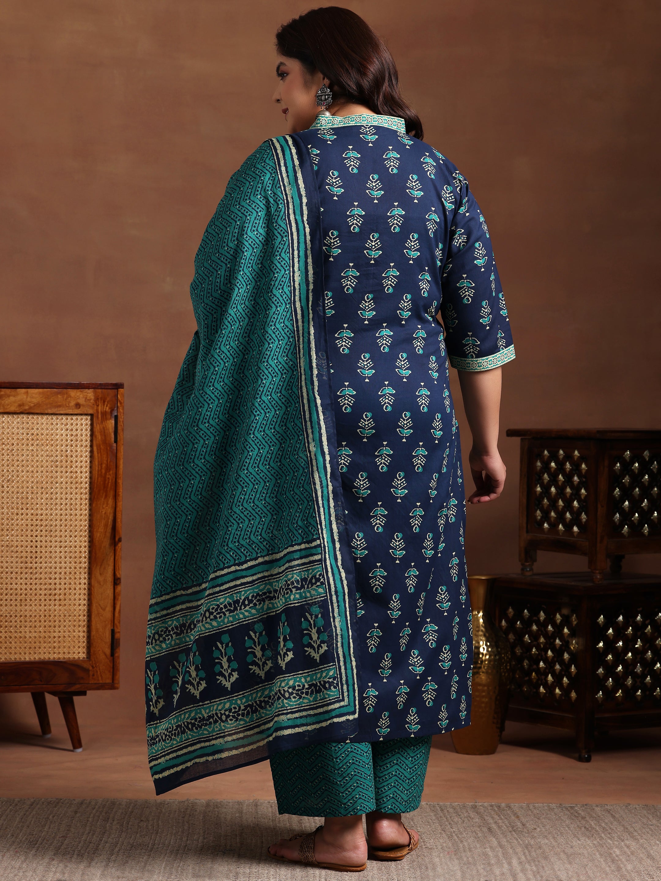 Plus Size Blue Printed Cotton Straight Suit With Dupatta