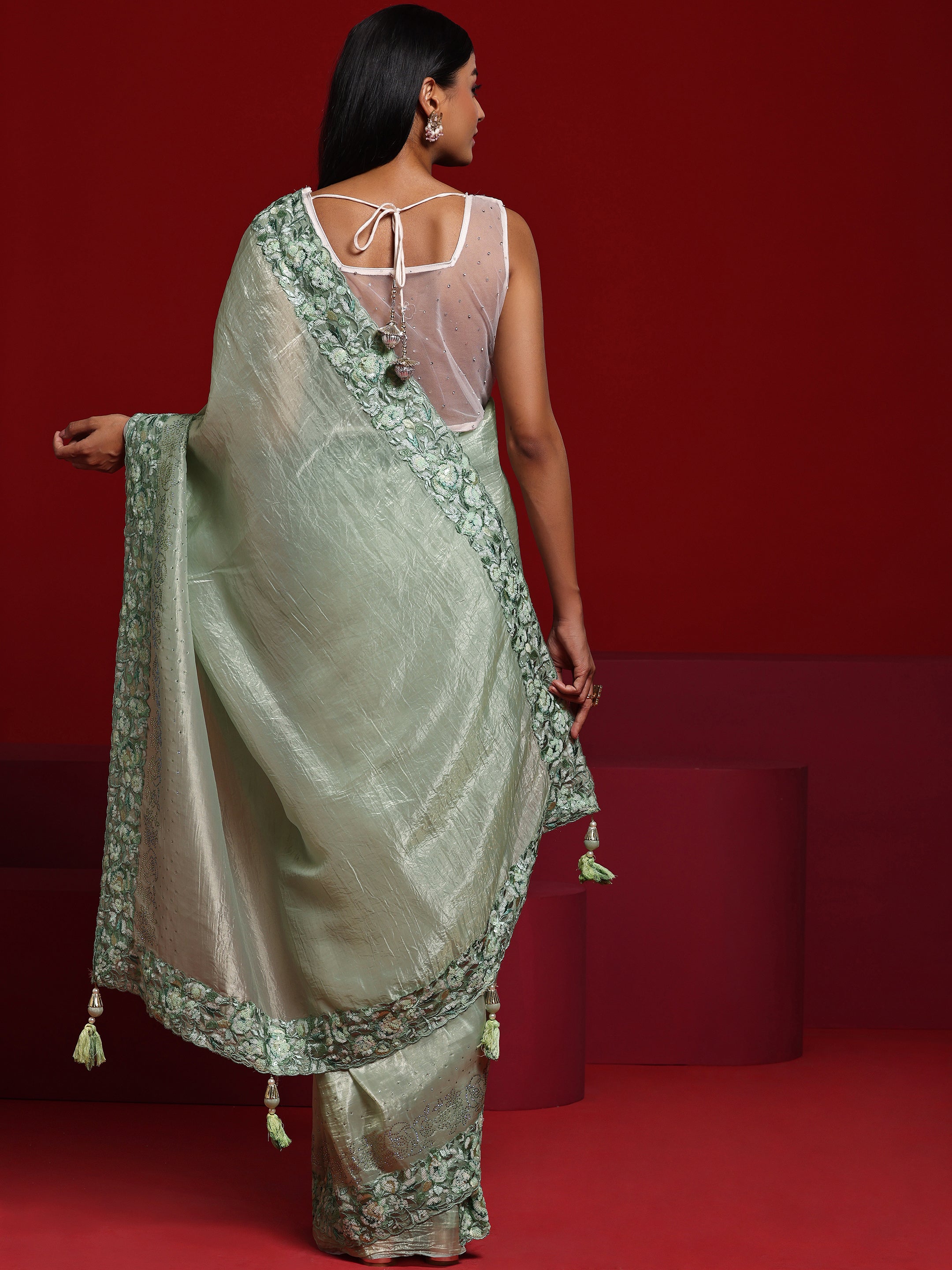 Libas Art Green Embellished Tissue Saree With Unstitched Blouse Piece