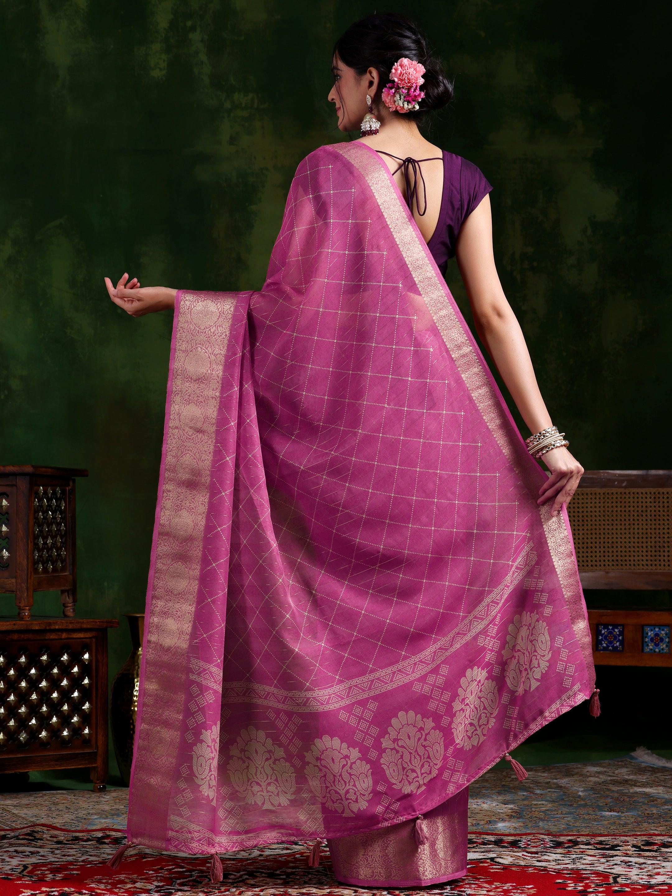 Pink Printed Silk Blend Saree With Unstitched Blouse Piece