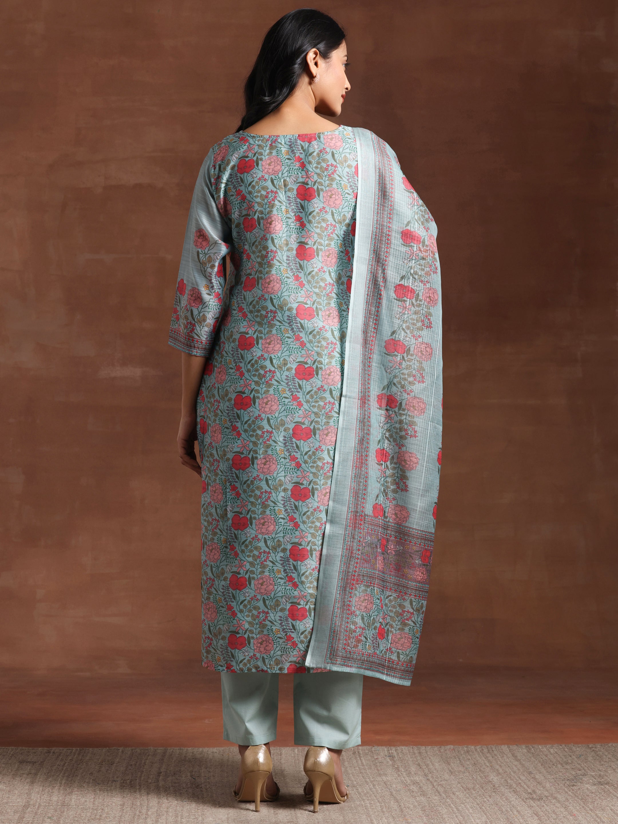 Green Printed Chanderi Silk Straight Suit With Dupatta