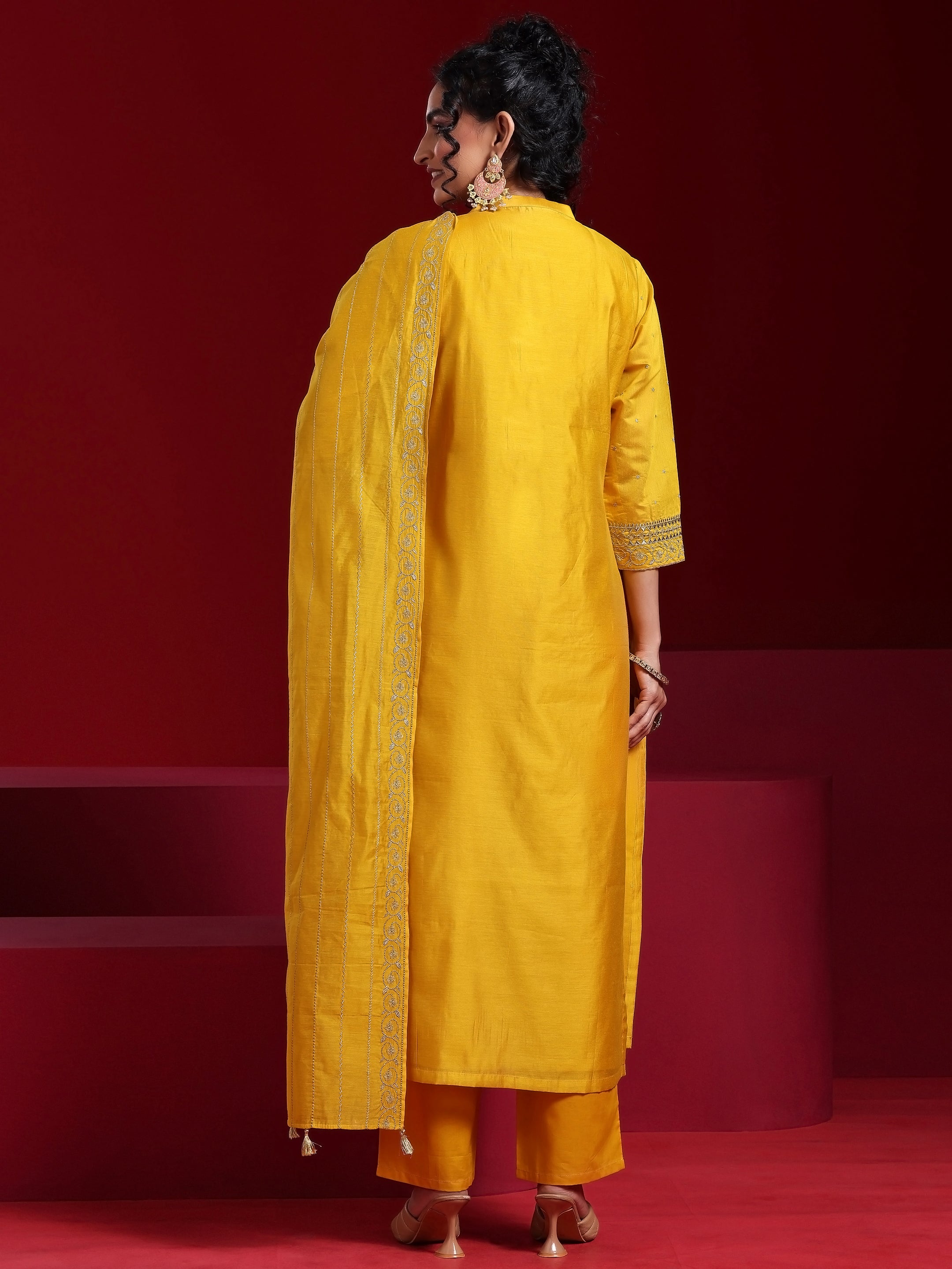 Libas Art Mustard Yoke Design Chanderi Silk Straight Suit With Dupatta