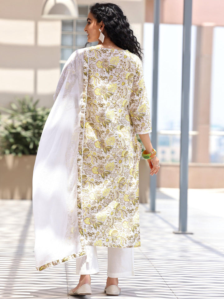 Off white Printed Cotton Straight Suit With Dupatta - Libas