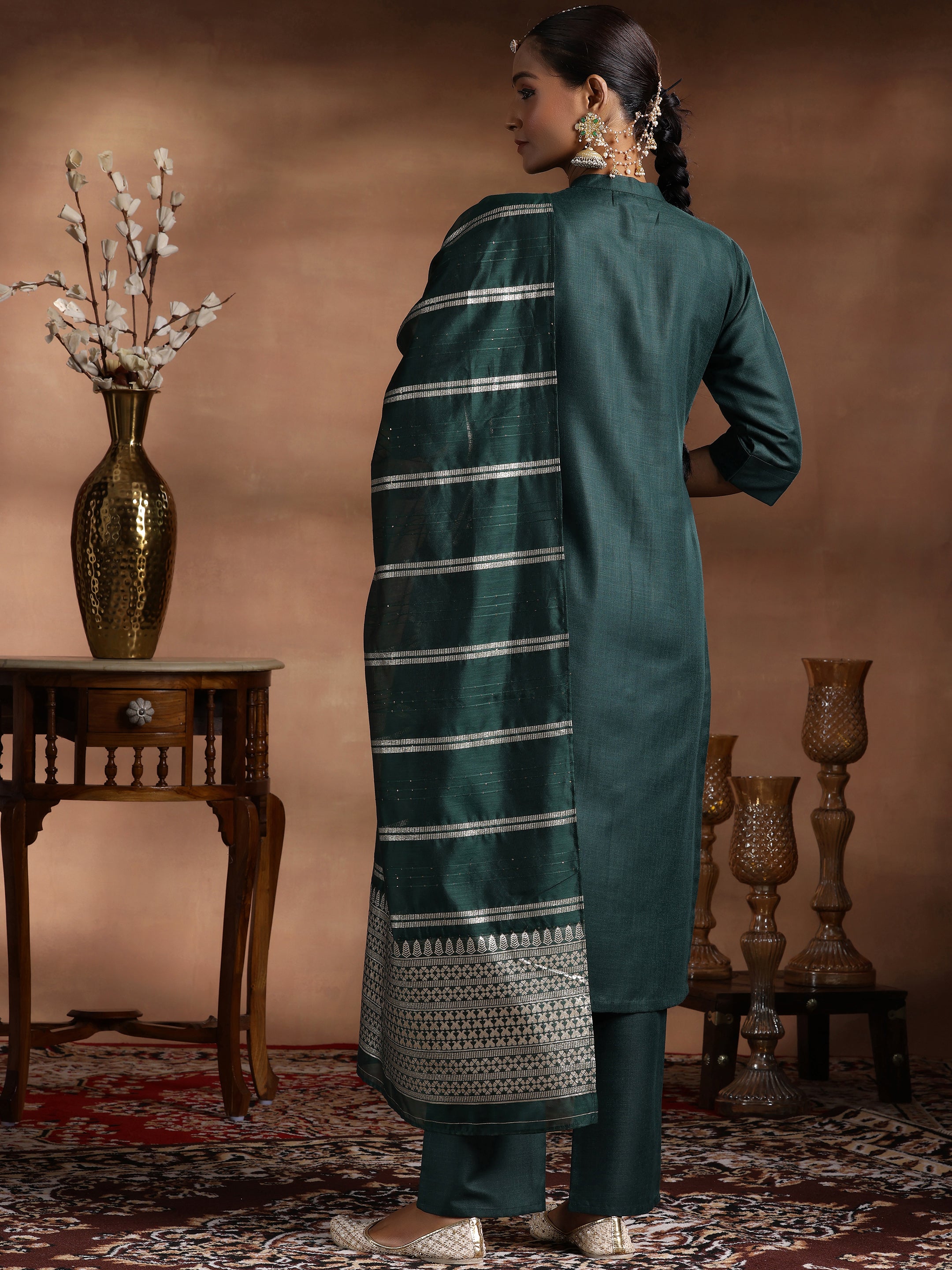 Green Solid Silk Blend Straight Suit With Dupatta