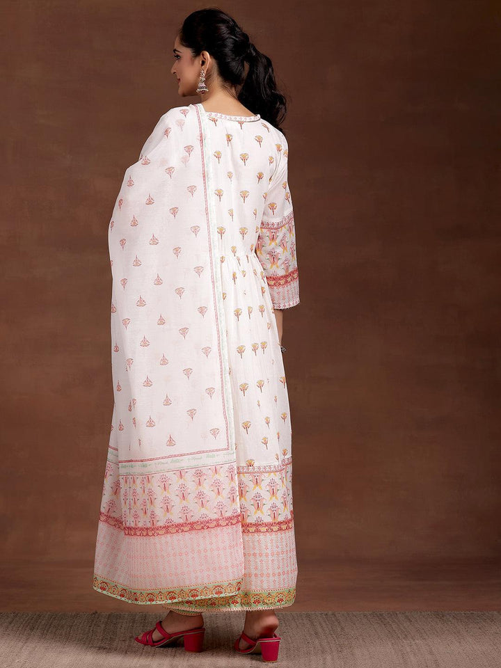 Off White Printed Cotton Anarkali Suit With Dupatta