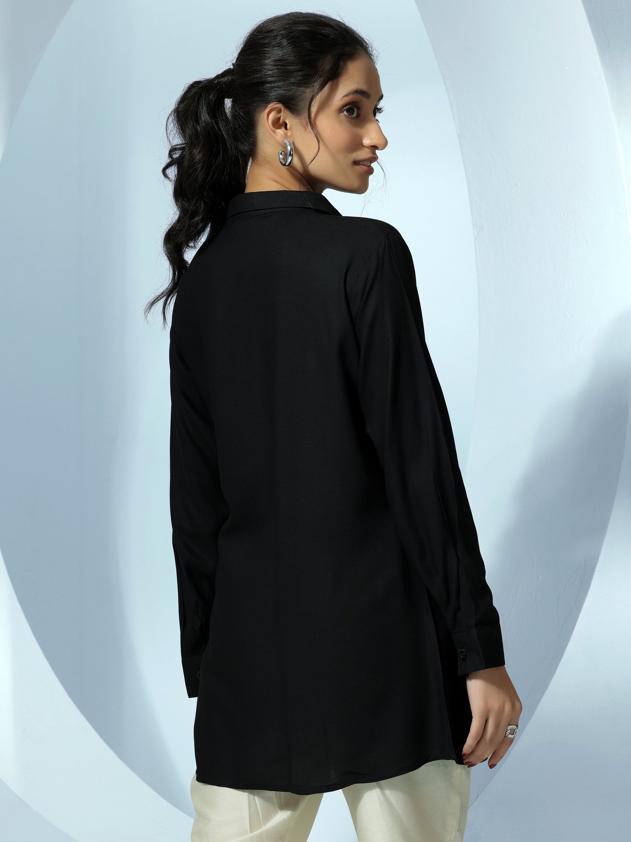 Black Solid Rayon Straight Tunic