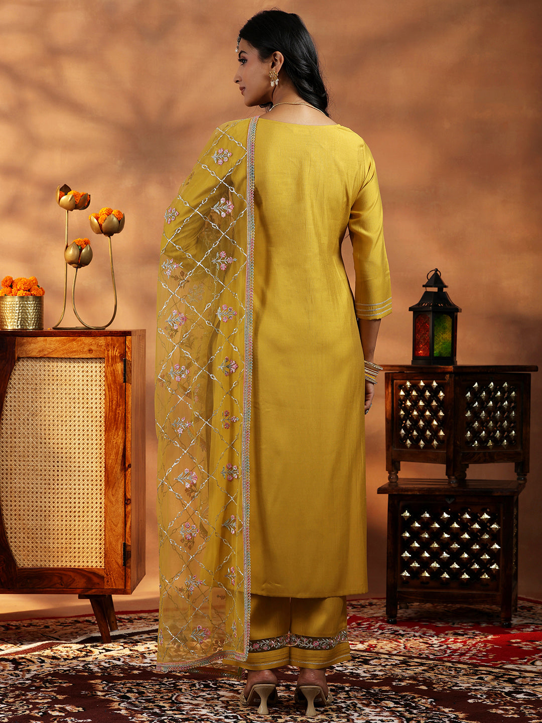 Mustard Yoke Design Silk Blend Straight Suit With Dupatta