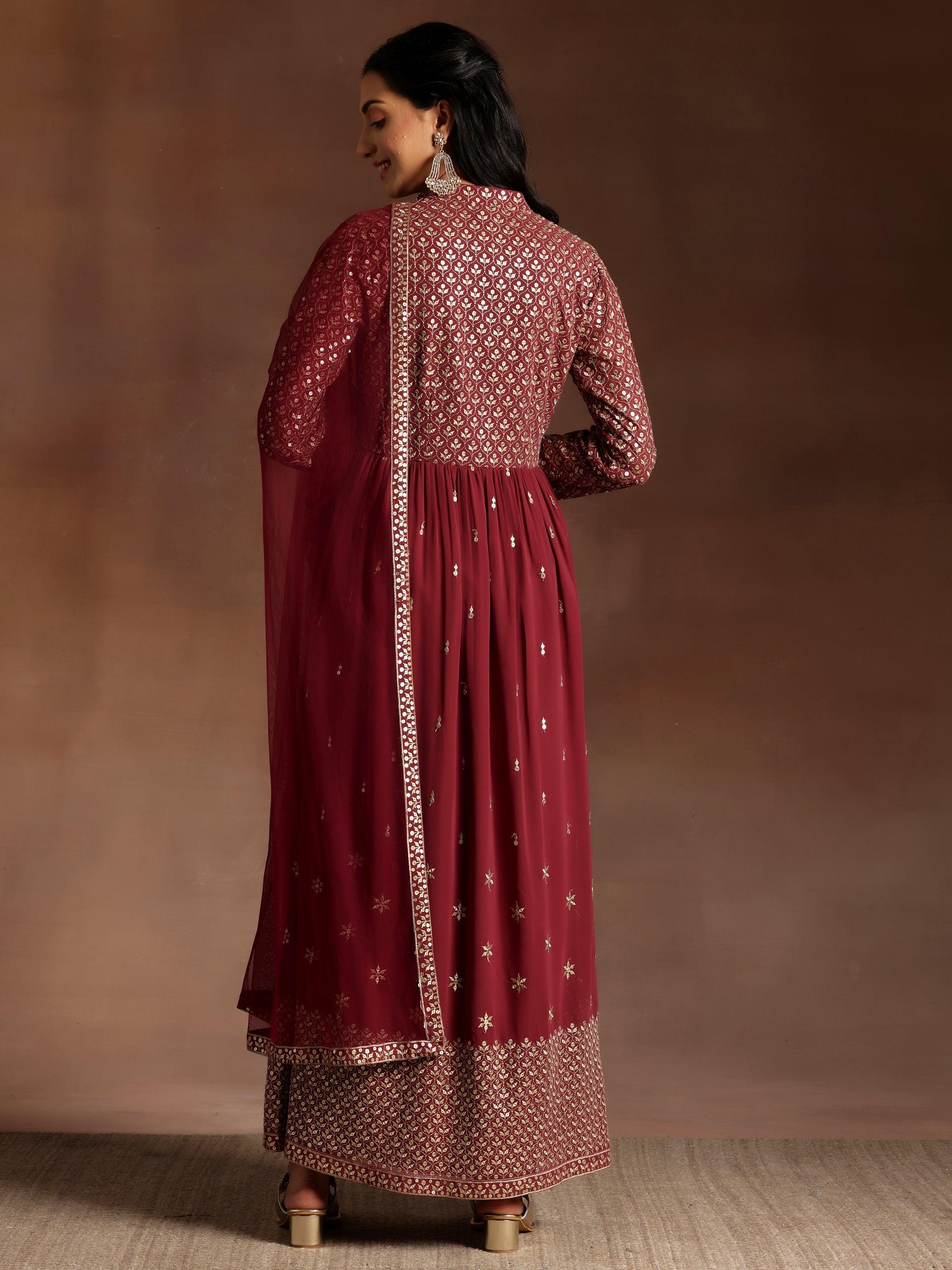 Chandni Mauve Embroidered Georgette A-Line Kurta With Trousers & Dupatta