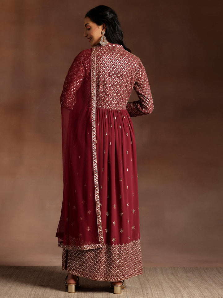 Mauve Embroidered Georgette A-Line Kurta With Trousers & Dupatta - ShopLibas