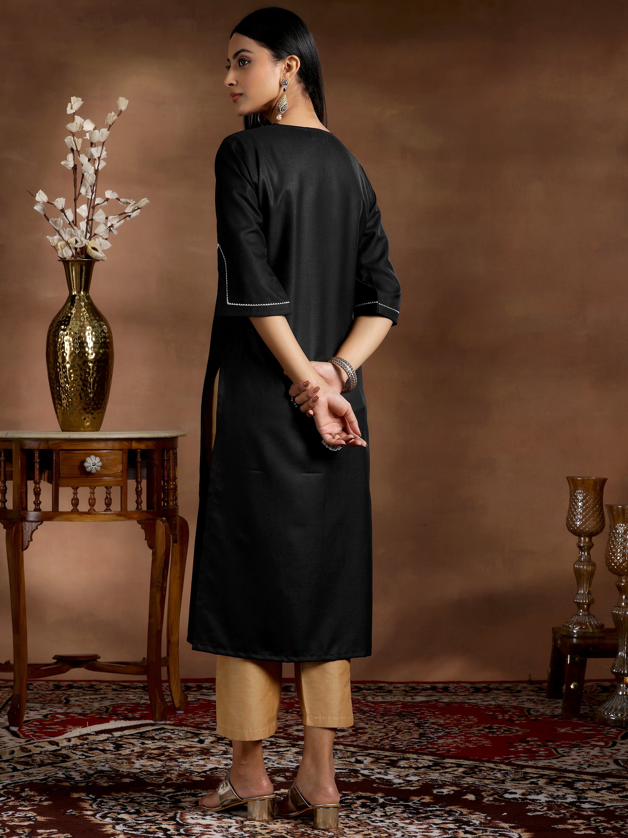 Black Solid Silk Straight Kurta