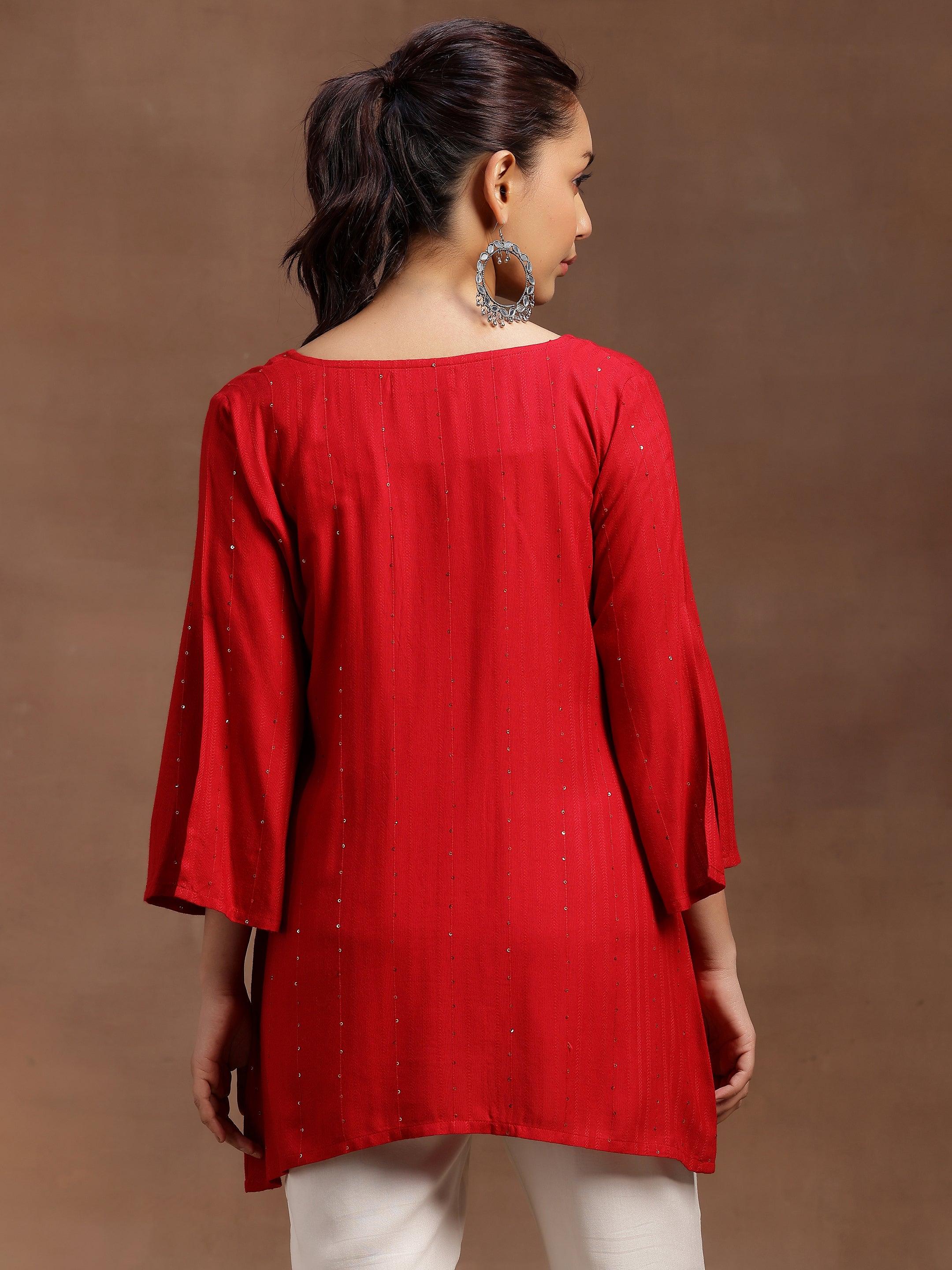 Red Solid Cotton Blend A-line Kurti