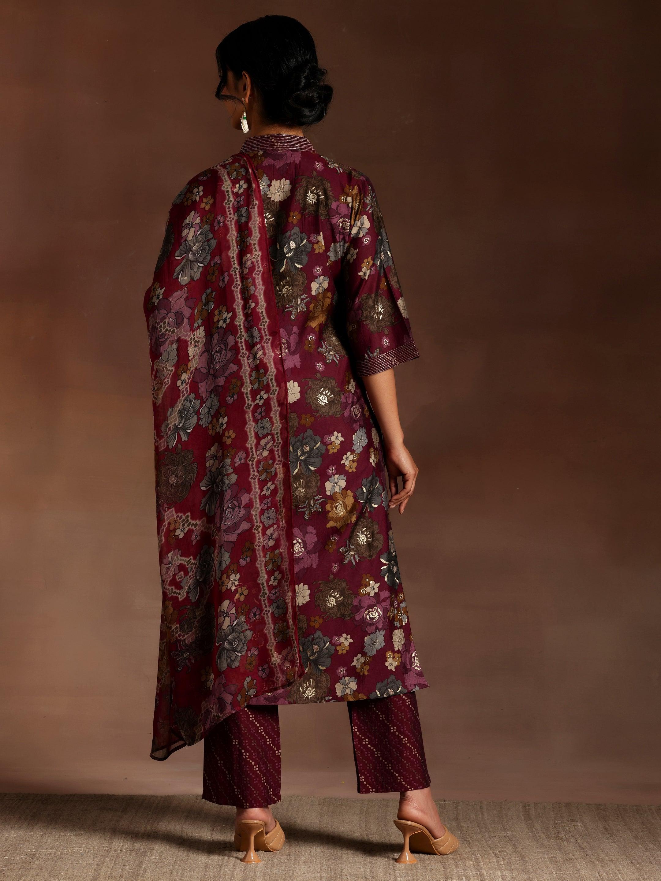 Burgundy Printed Silk Blend Straight Suit With Dupatta