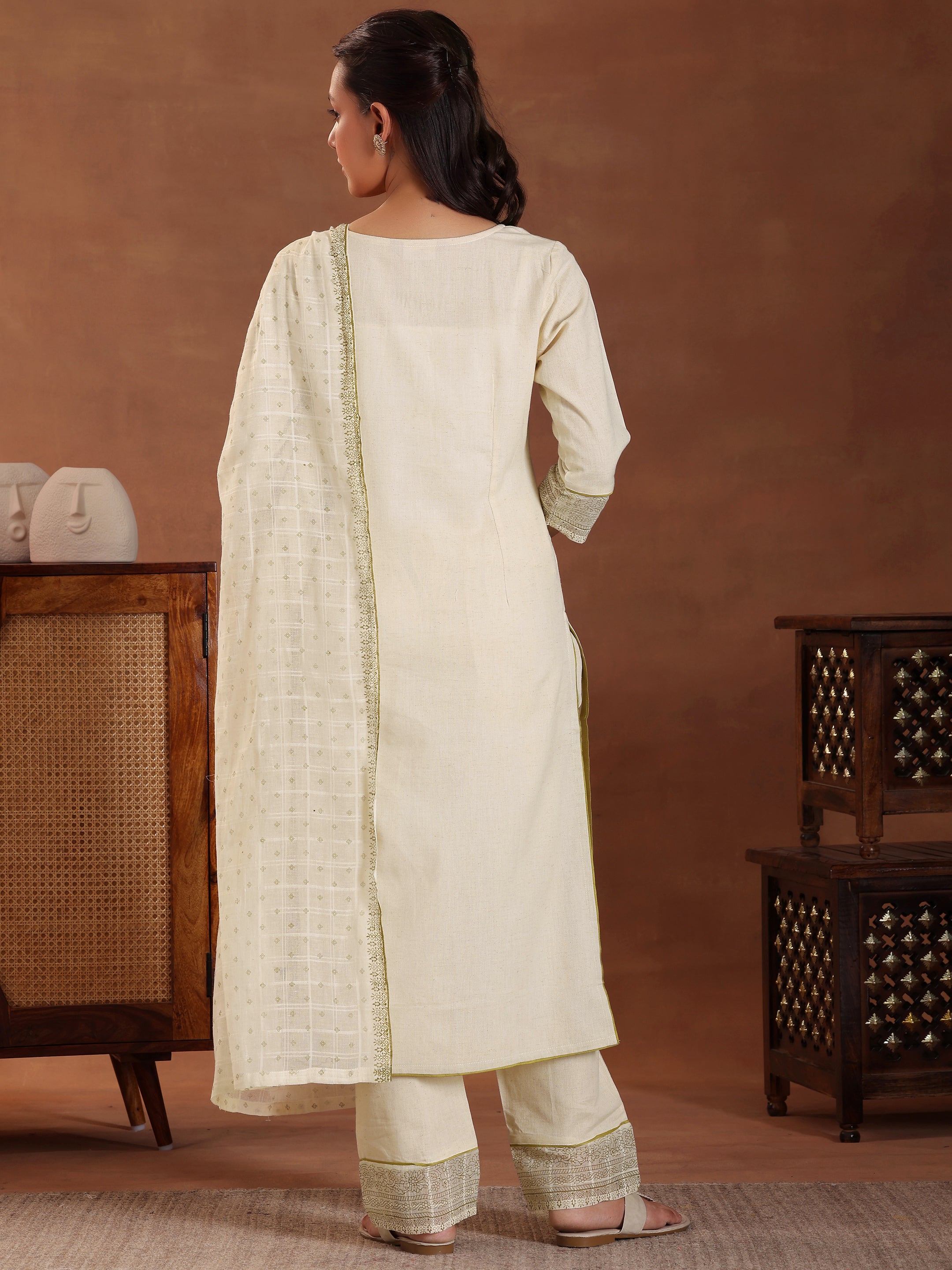 Off White Yoke Design Cotton Straight Suit With Dupatta