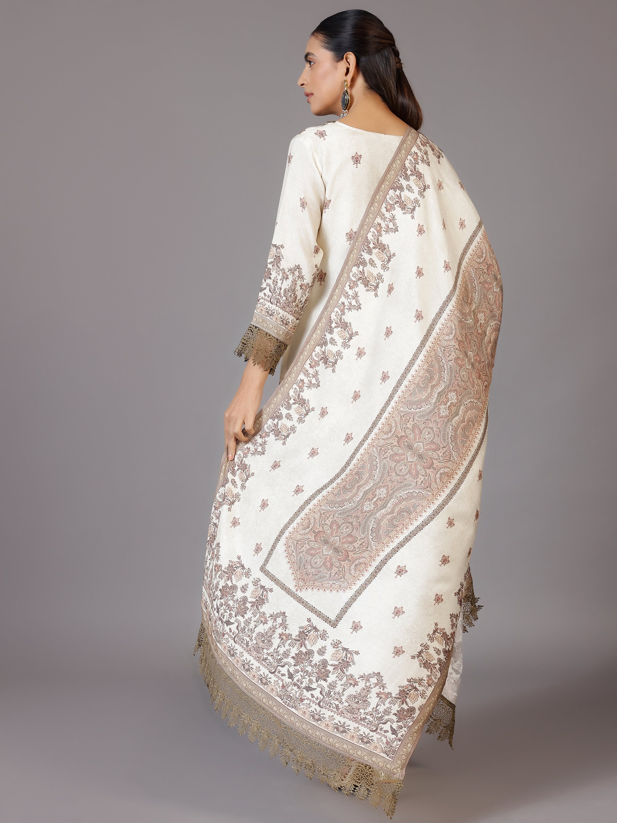 Beige Printed Silk Blend Straight Suit With Dupatta