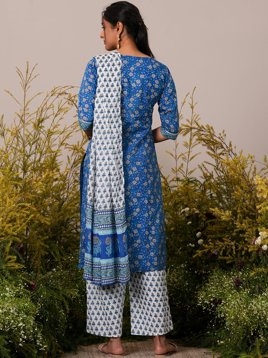 Blue Printed Cotton Straight Suit With Dupatta